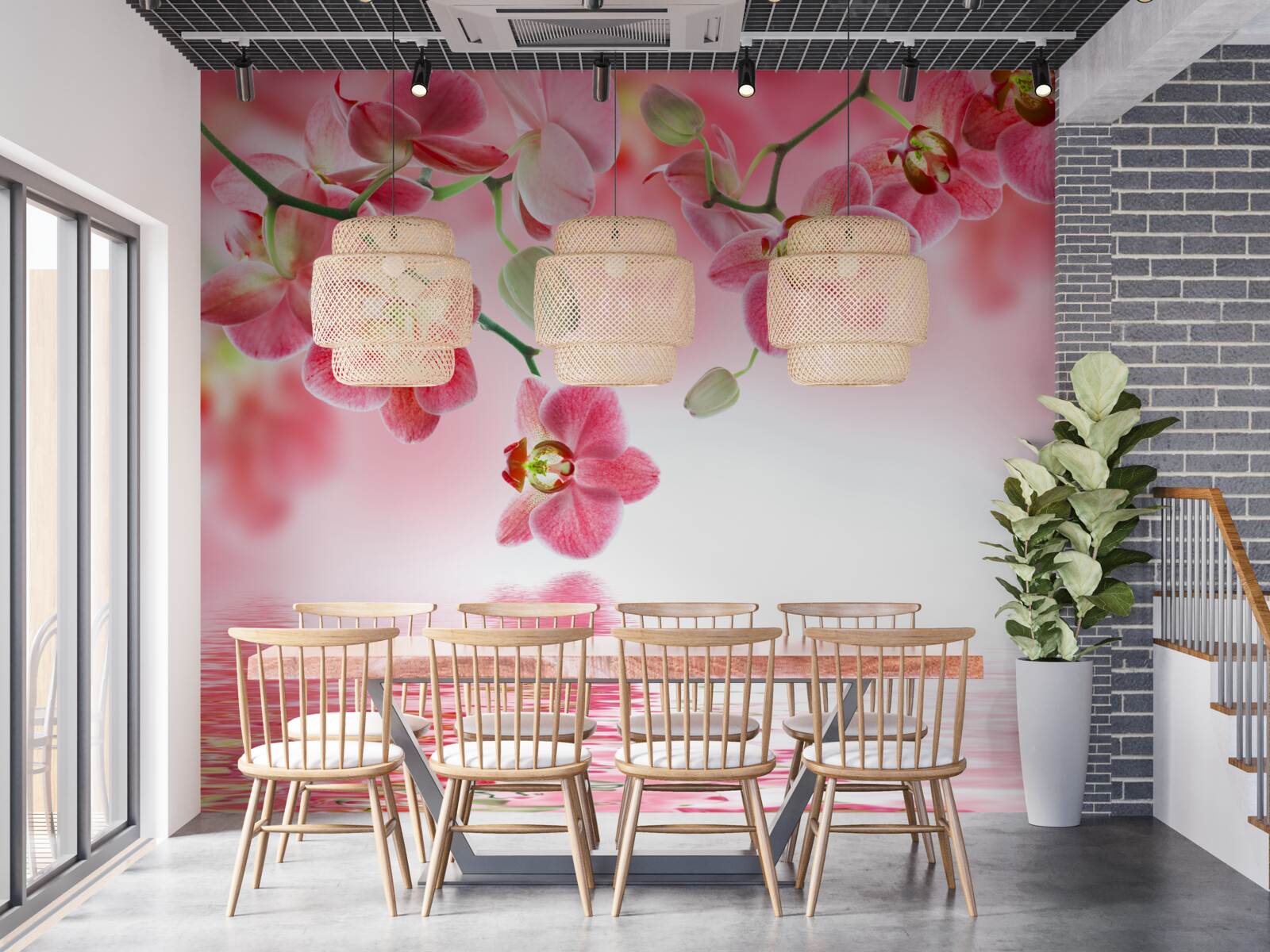 Fototapet o orhidee roșie atârnă pe un copac deasupra apei