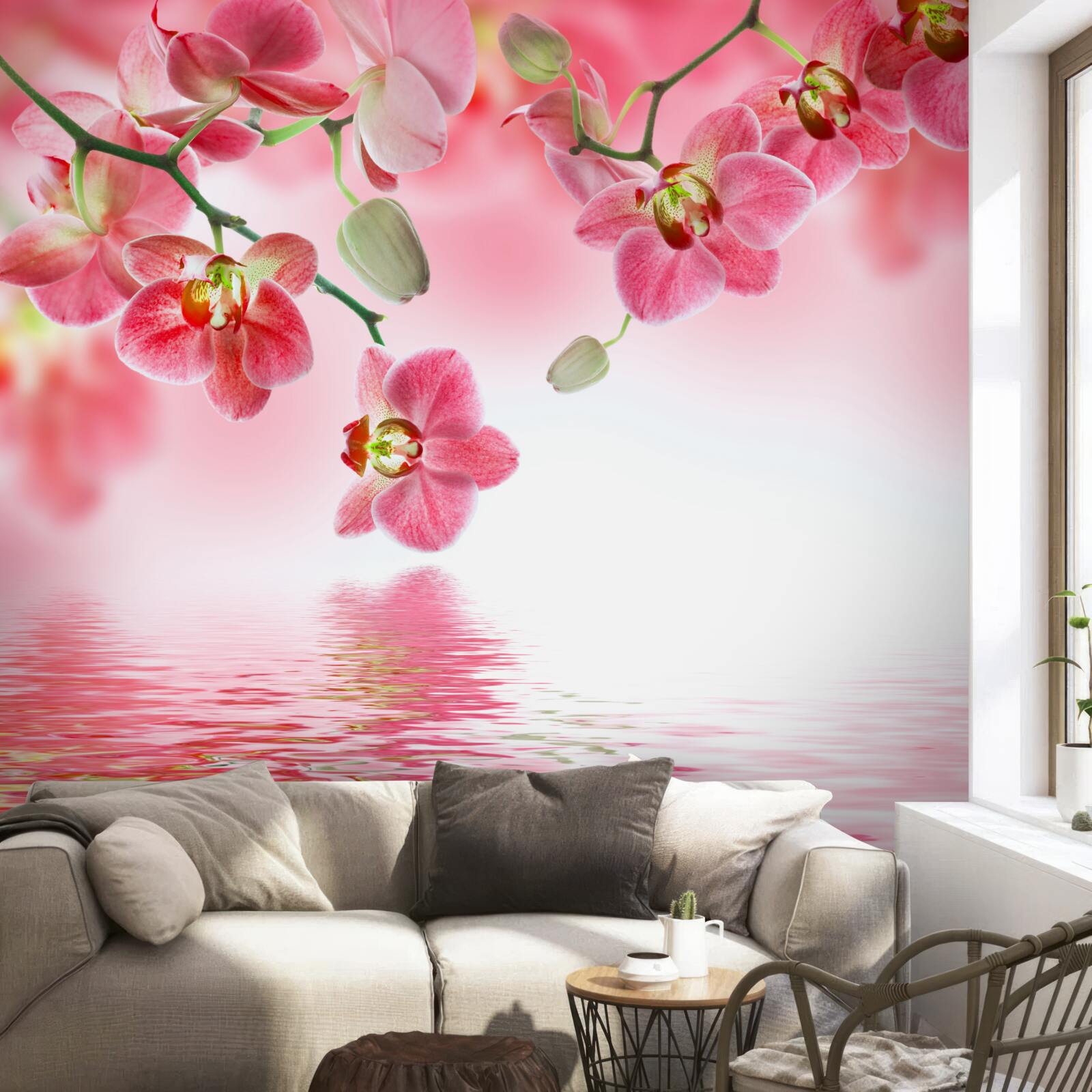 Fototapet o orhidee roșie atârnă pe un copac deasupra apei