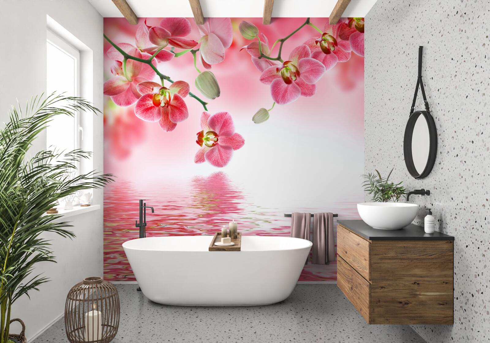 Fototapet o orhidee roșie atârnă pe un copac deasupra apei