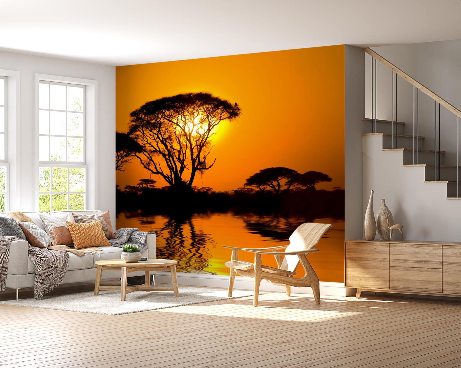 Fototapet apus de soare în deșert reflectat în apă