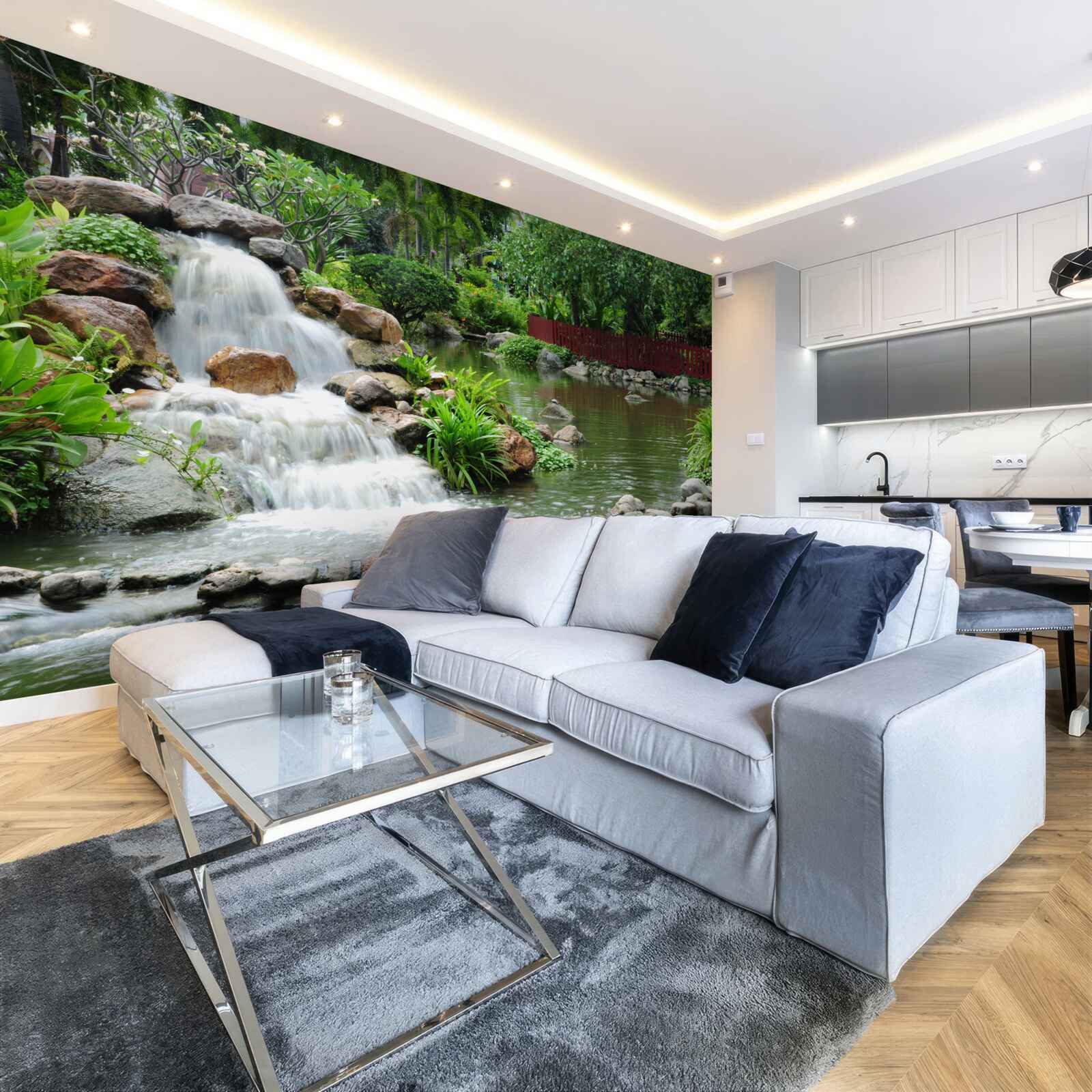 Fototapet o mică cascadă înconjurată de verdeață