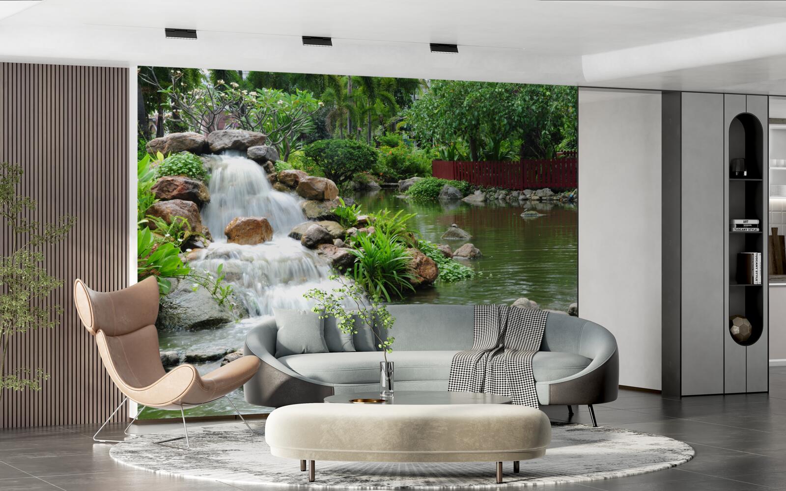 Fototapet o mică cascadă înconjurată de verdeață