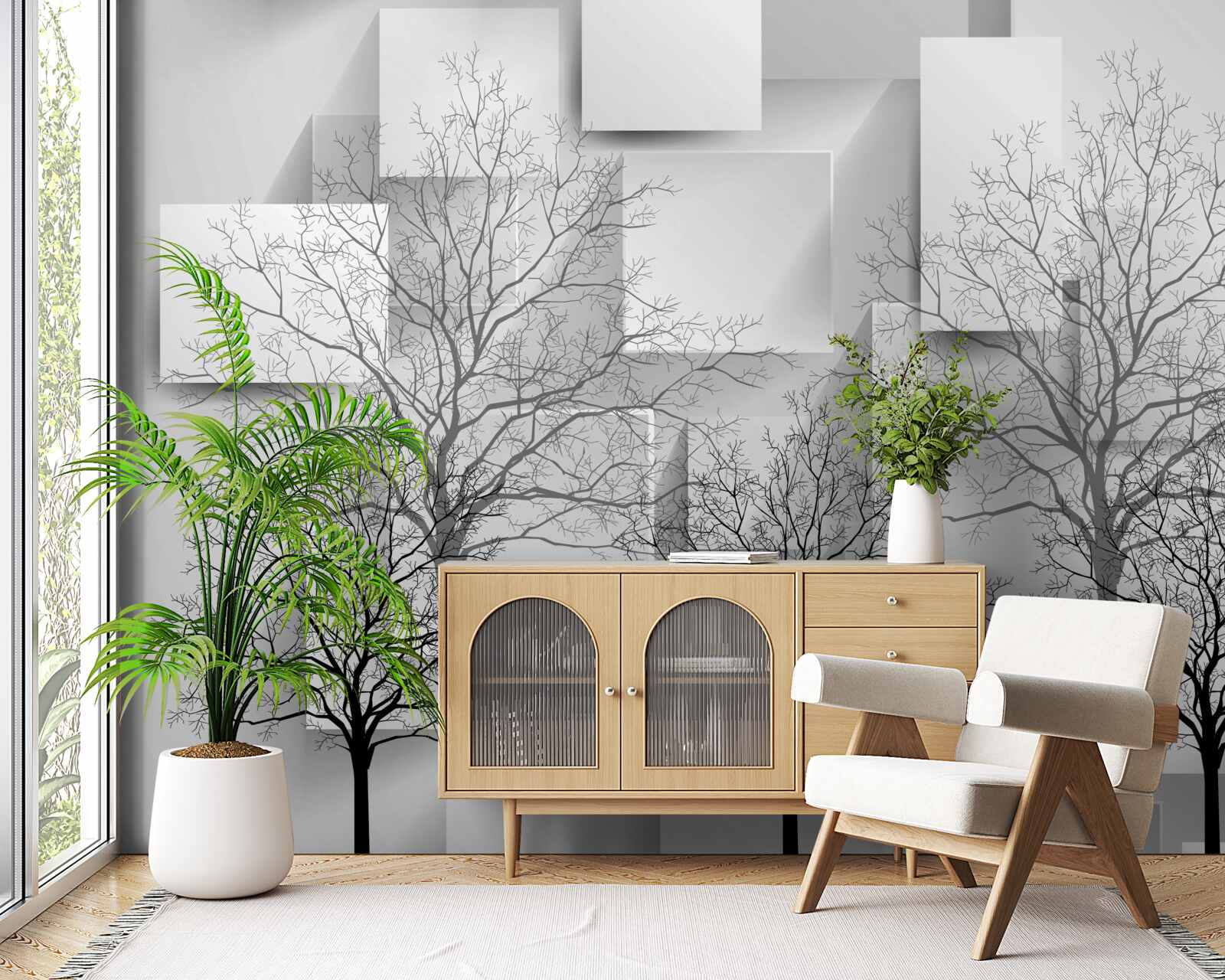 Fototapet copaci goi pe un fundal de forme abstracte