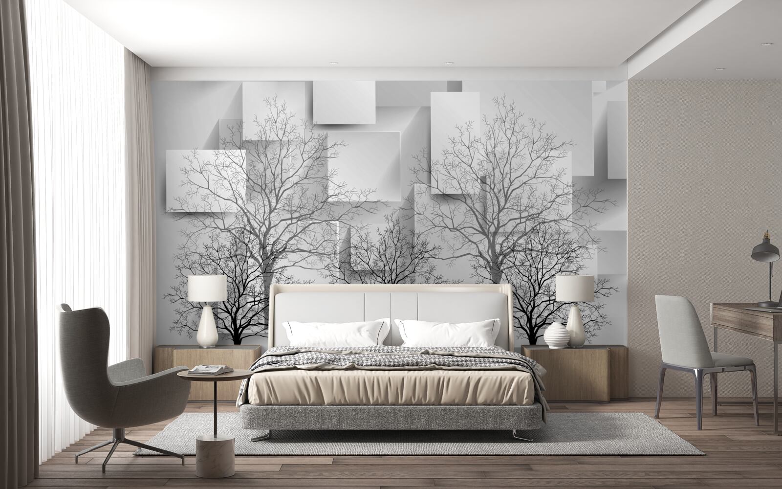 Fototapet copaci goi pe un fundal de forme abstracte