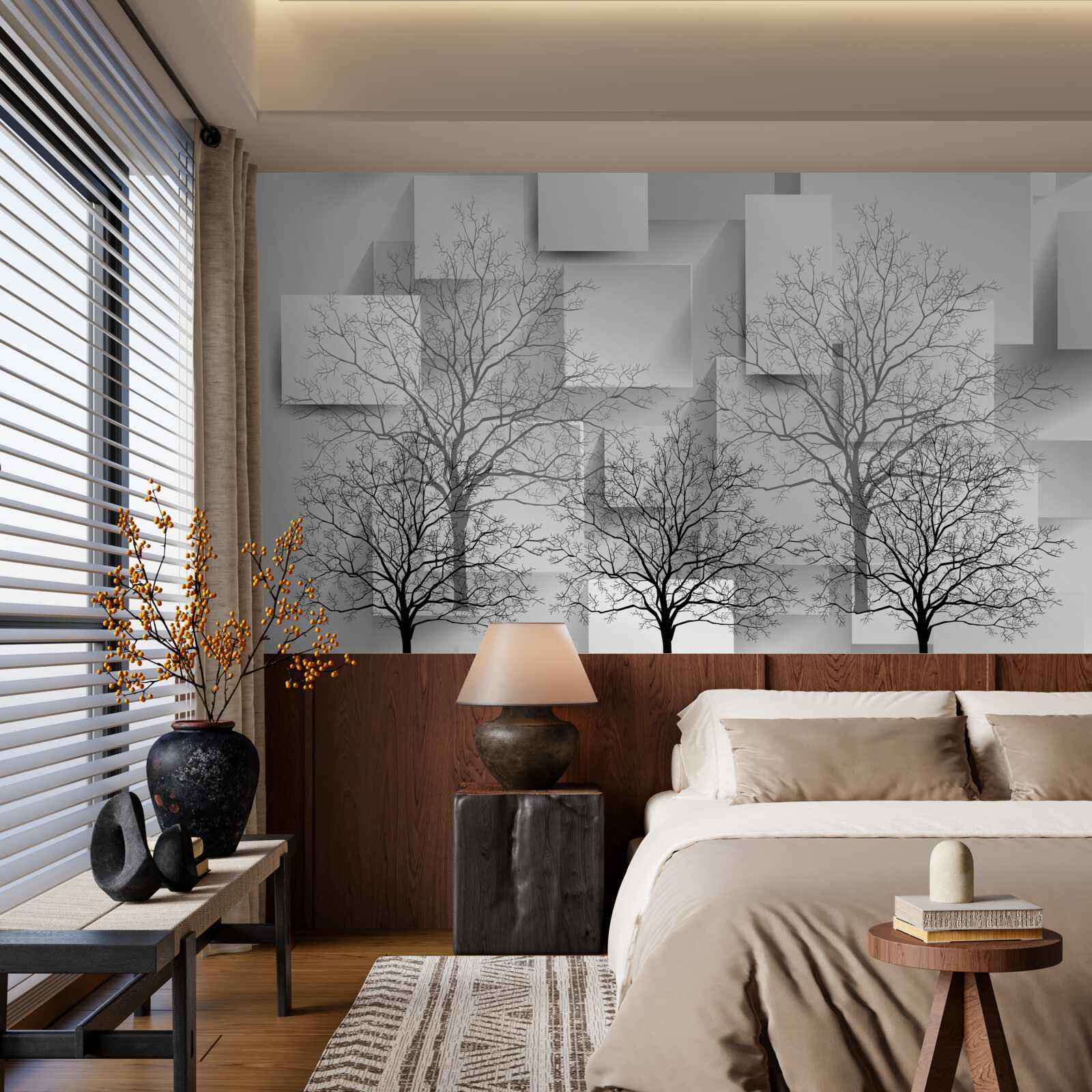 Fototapet copaci goi pe un fundal de forme abstracte