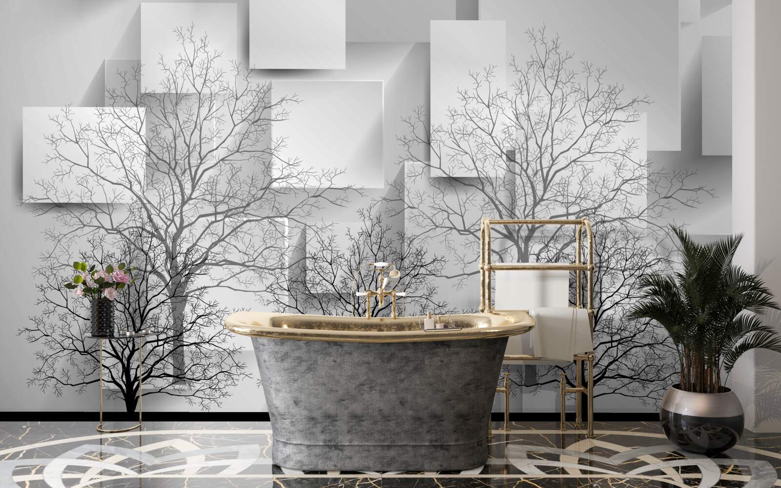 Fototapet copaci goi pe un fundal de forme abstracte