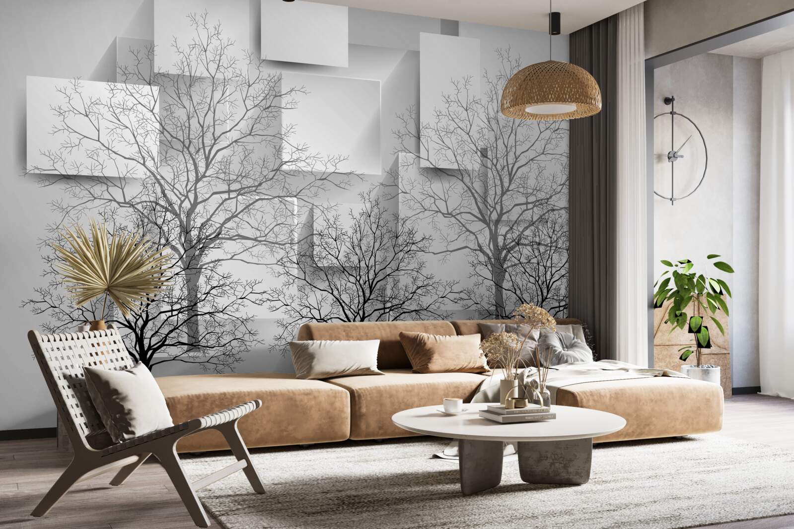 Fototapet copaci goi pe un fundal de forme abstracte