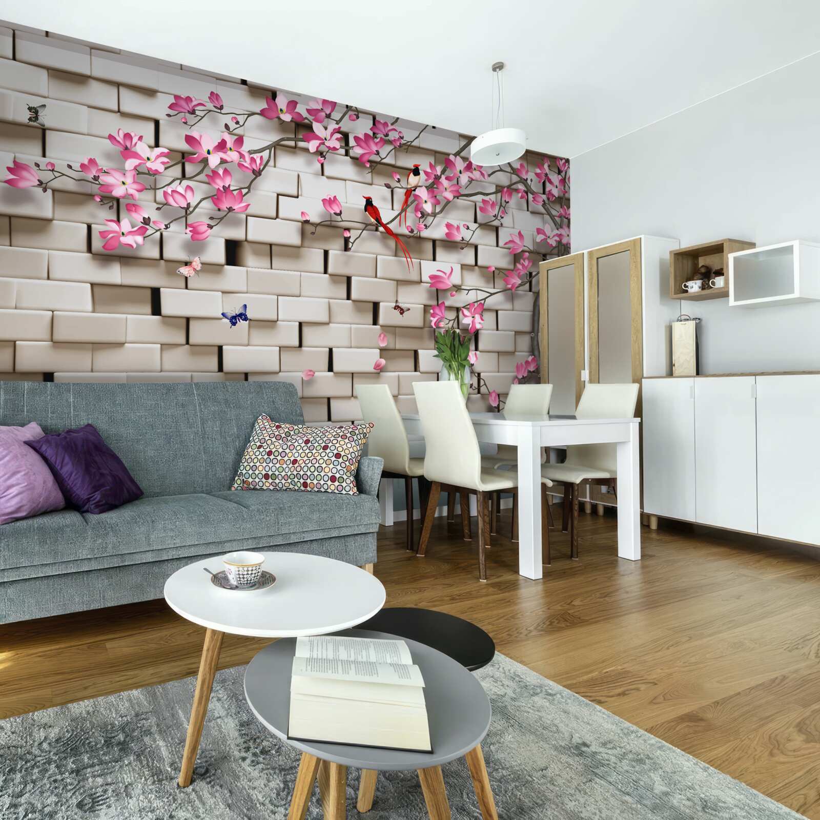 Fototapet sakura a înflorit pe un perete de cărămidă