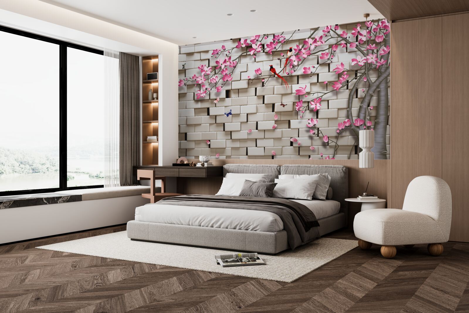 Fototapet sakura a înflorit pe un perete de cărămidă