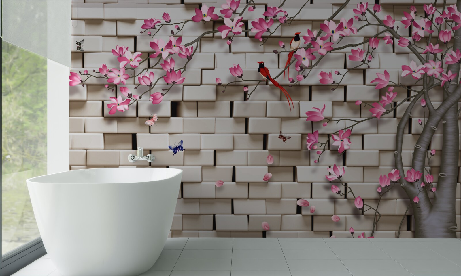 Fototapet sakura a înflorit pe un perete de cărămidă