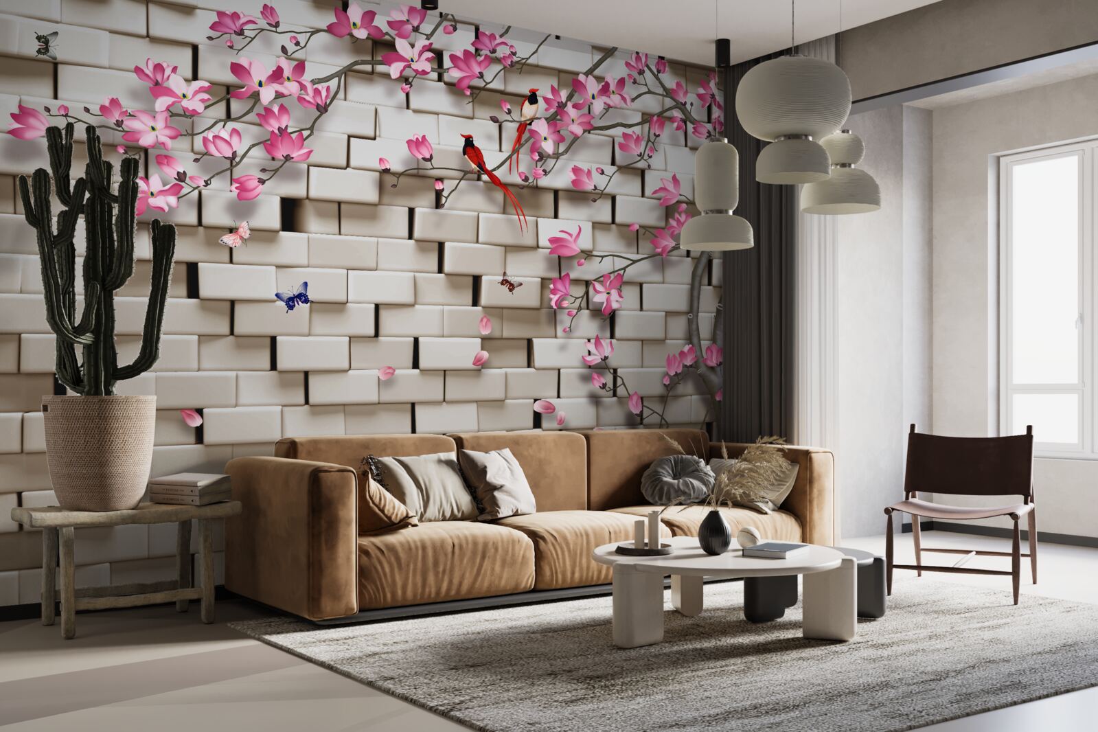 Fototapet sakura a înflorit pe un perete de cărămidă