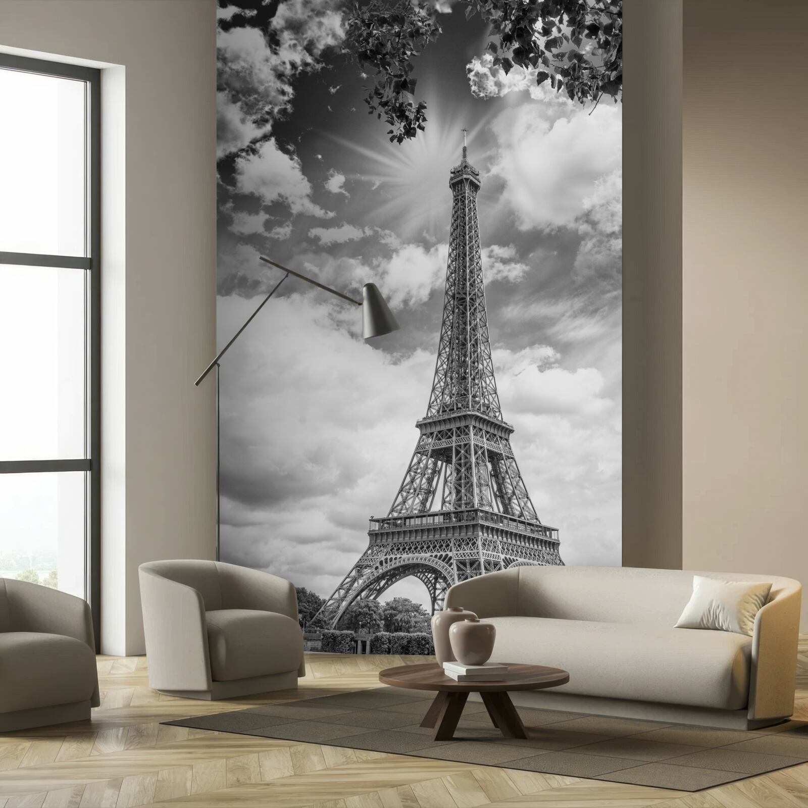 Fototapet turnul eiffel în alb și negru în lumina soarelui
