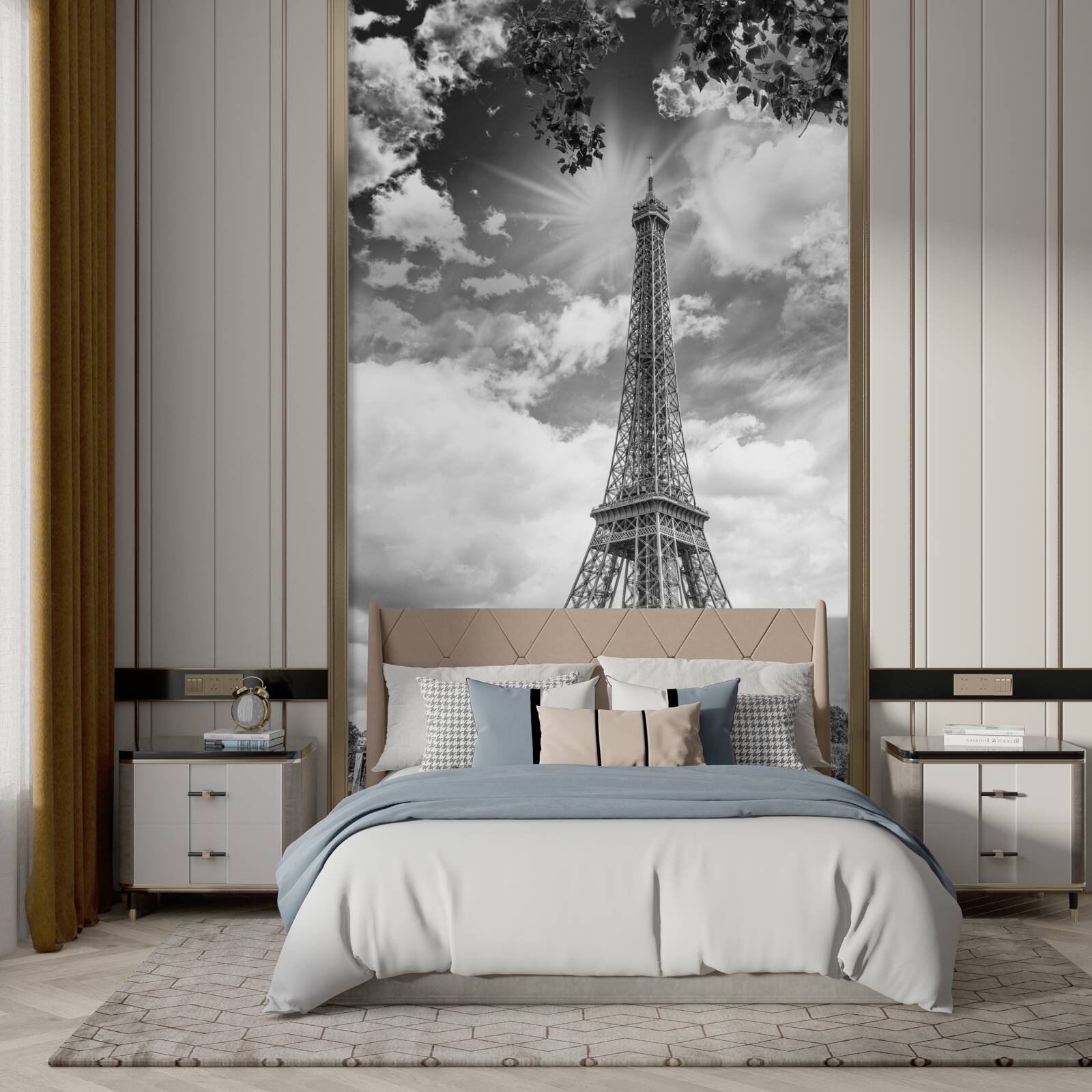 Fototapet turnul eiffel în alb și negru în lumina soarelui