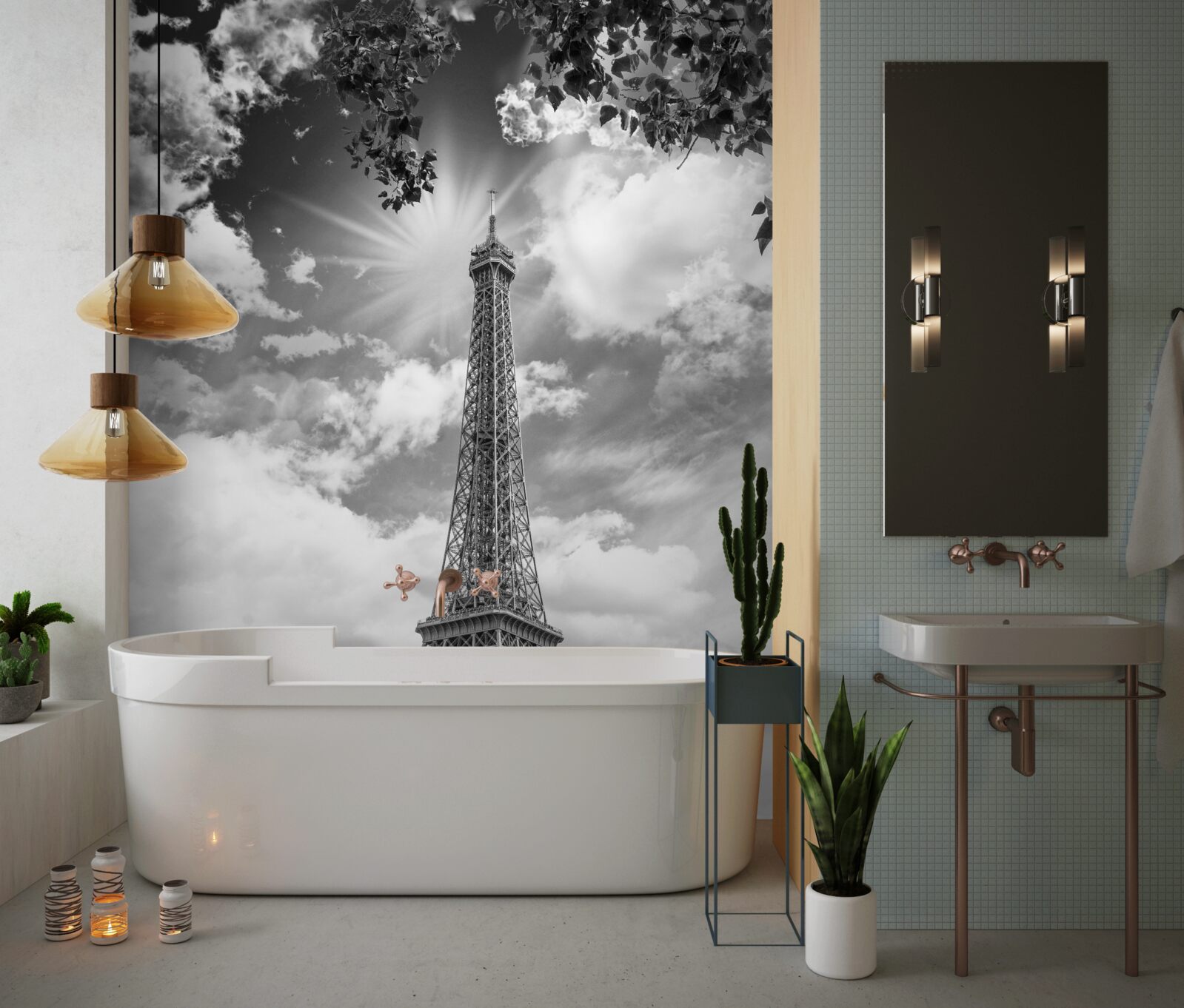 Fototapet turnul eiffel în alb și negru în lumina soarelui