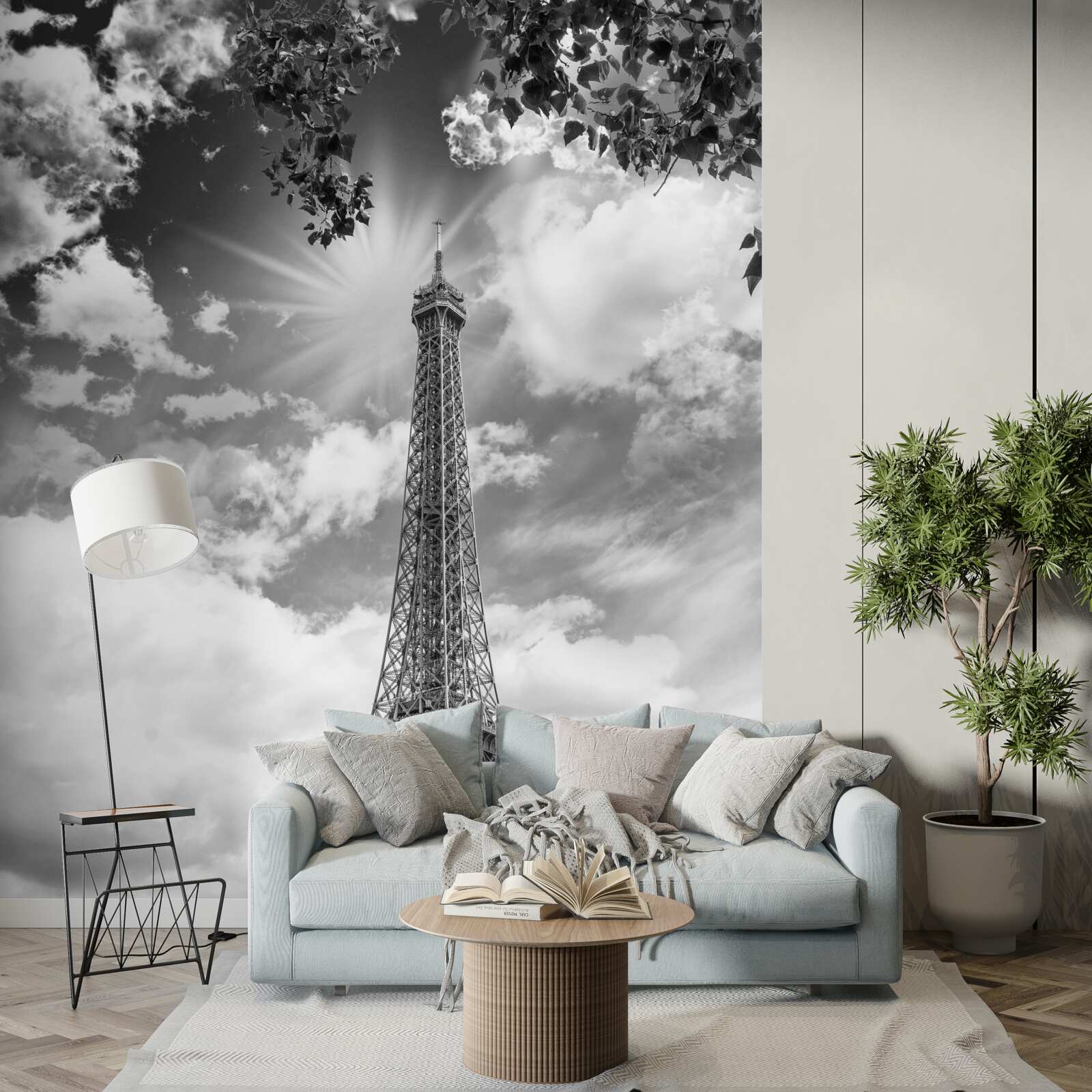 Fototapet turnul eiffel în alb și negru în lumina soarelui