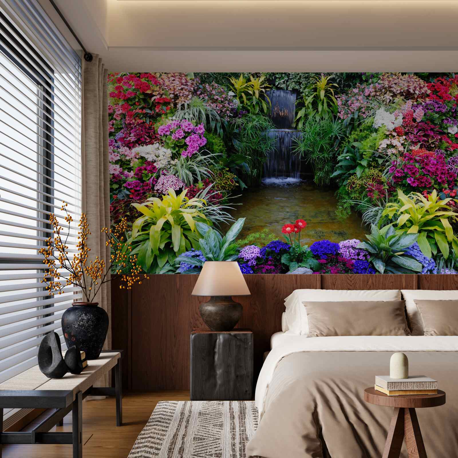 Fototapet flori tropicale lângă o cascadă de munte