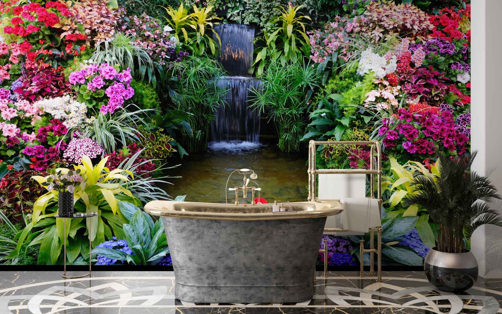 Fototapet flori tropicale lângă o cascadă de munte