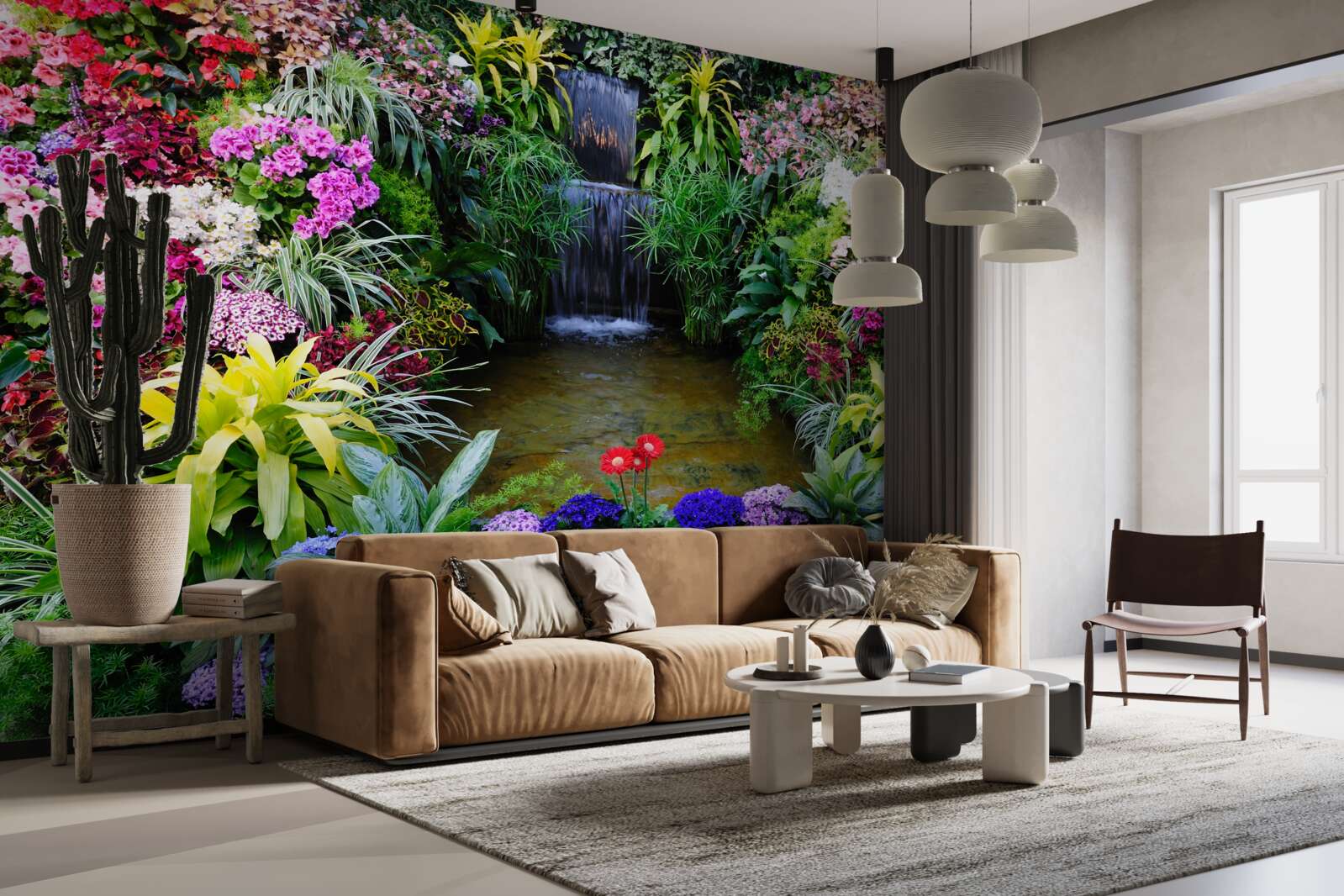 Fototapet flori tropicale lângă o cascadă de munte