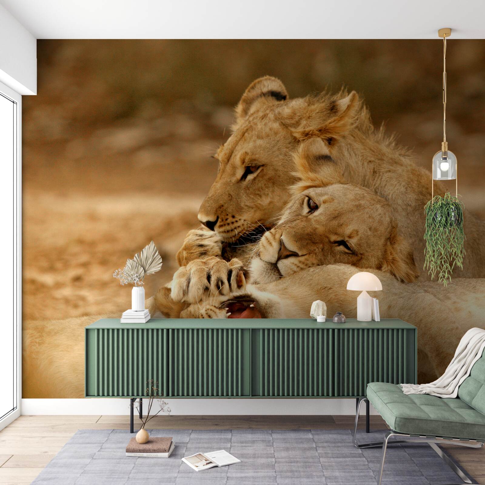 Fototapet o familie de lei s-a așezat pe o suprafață nisipoasă