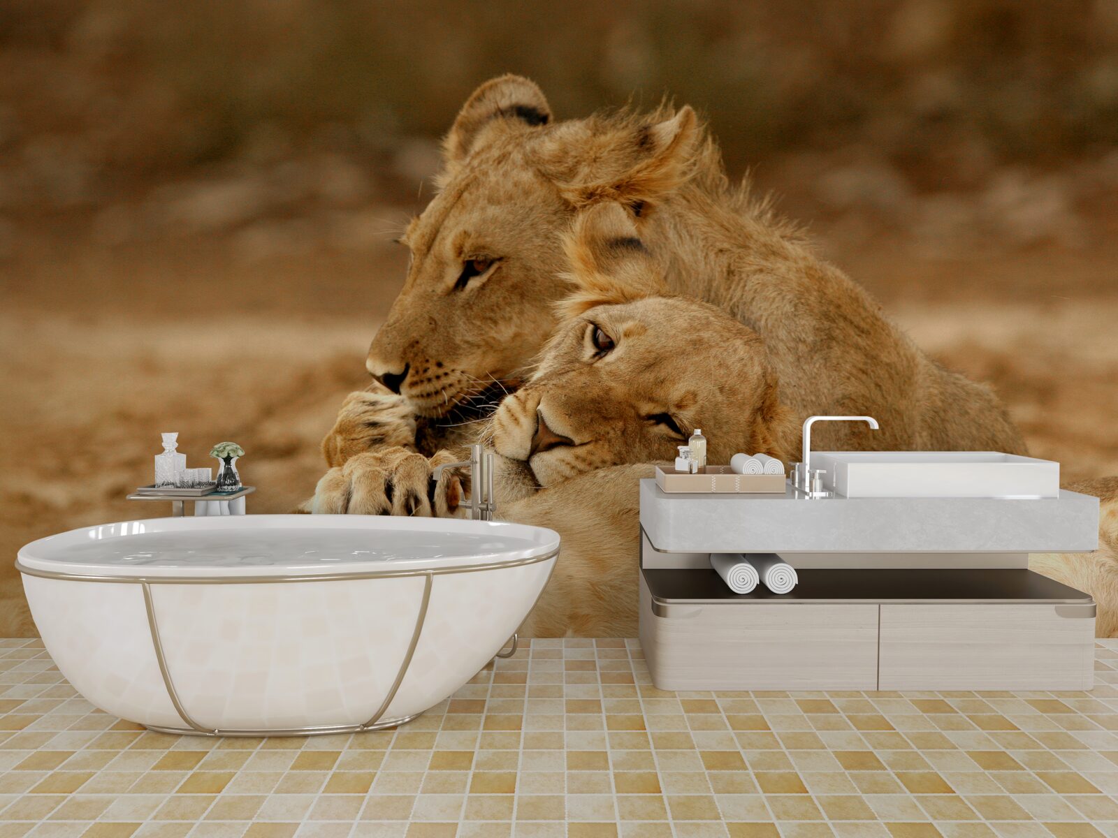 Fototapet o familie de lei s-a așezat pe o suprafață nisipoasă