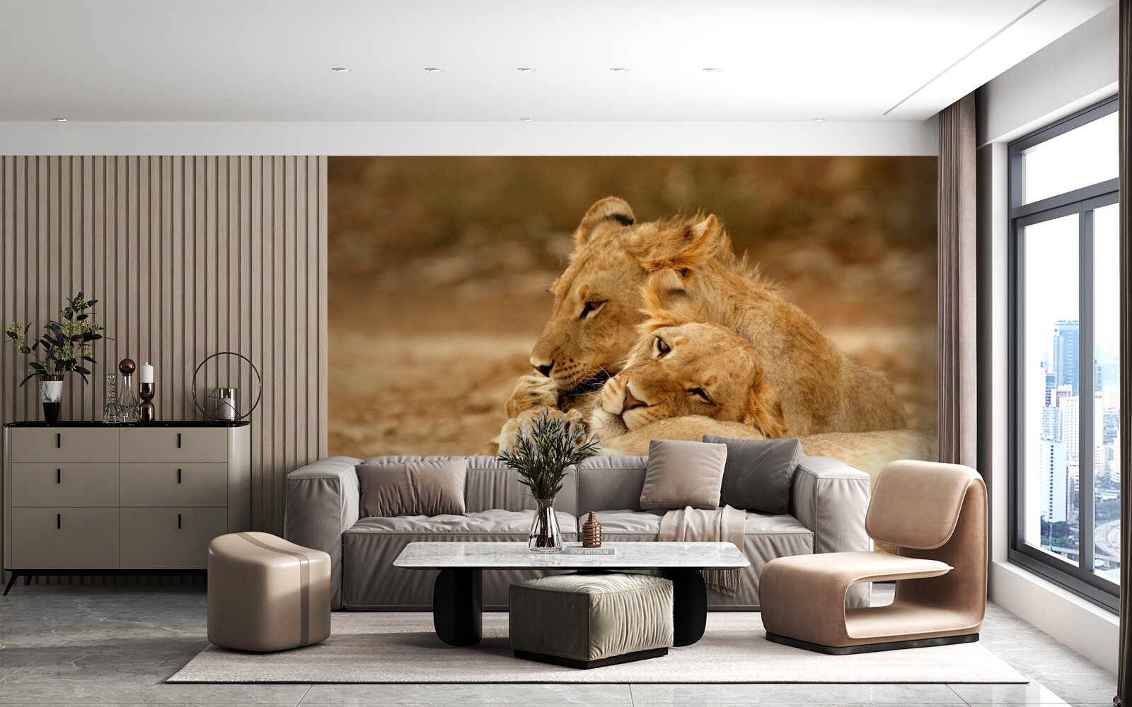 Fototapet o familie de lei s-a așezat pe o suprafață nisipoasă