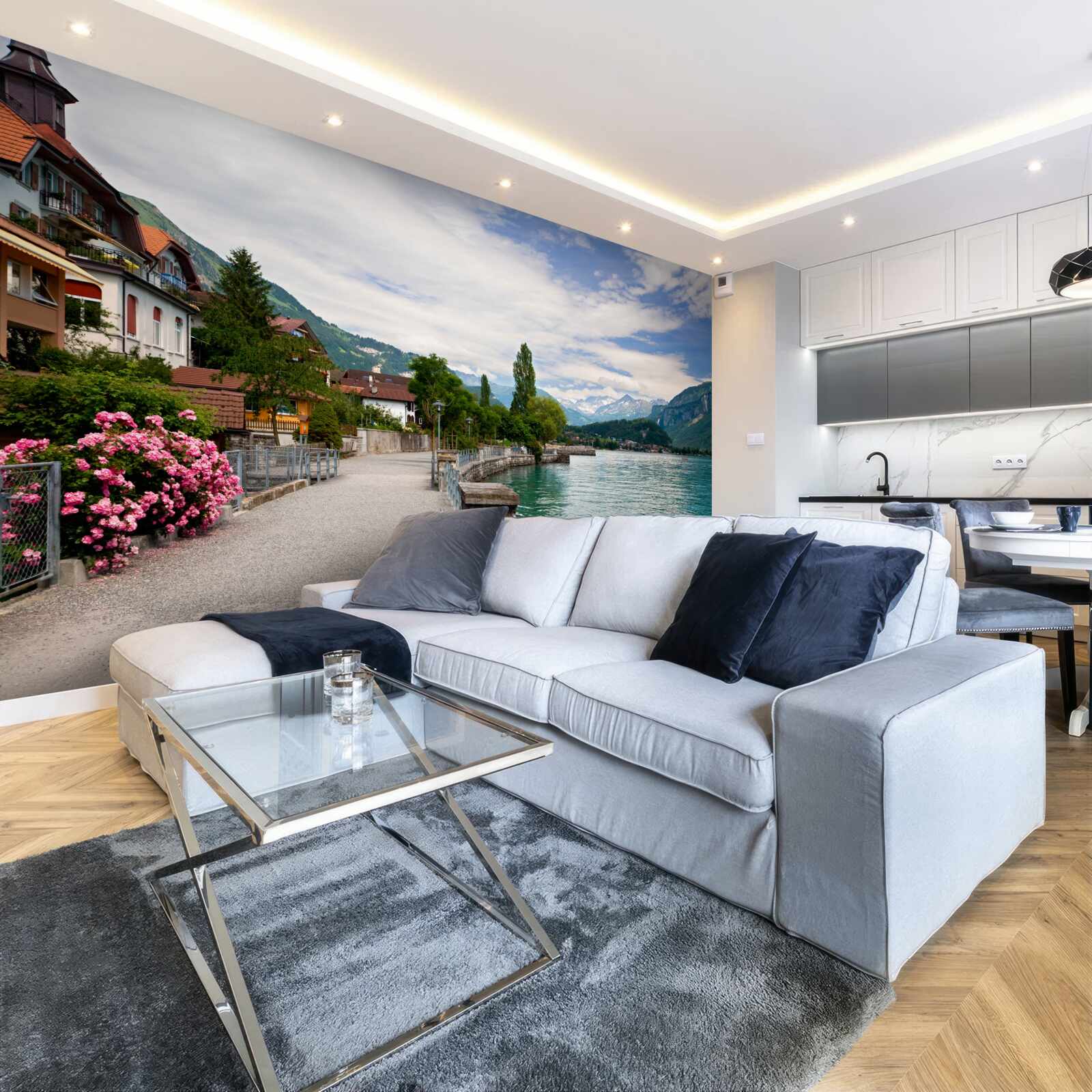 Fototapet așezare în munți, în apropierea rezervorului