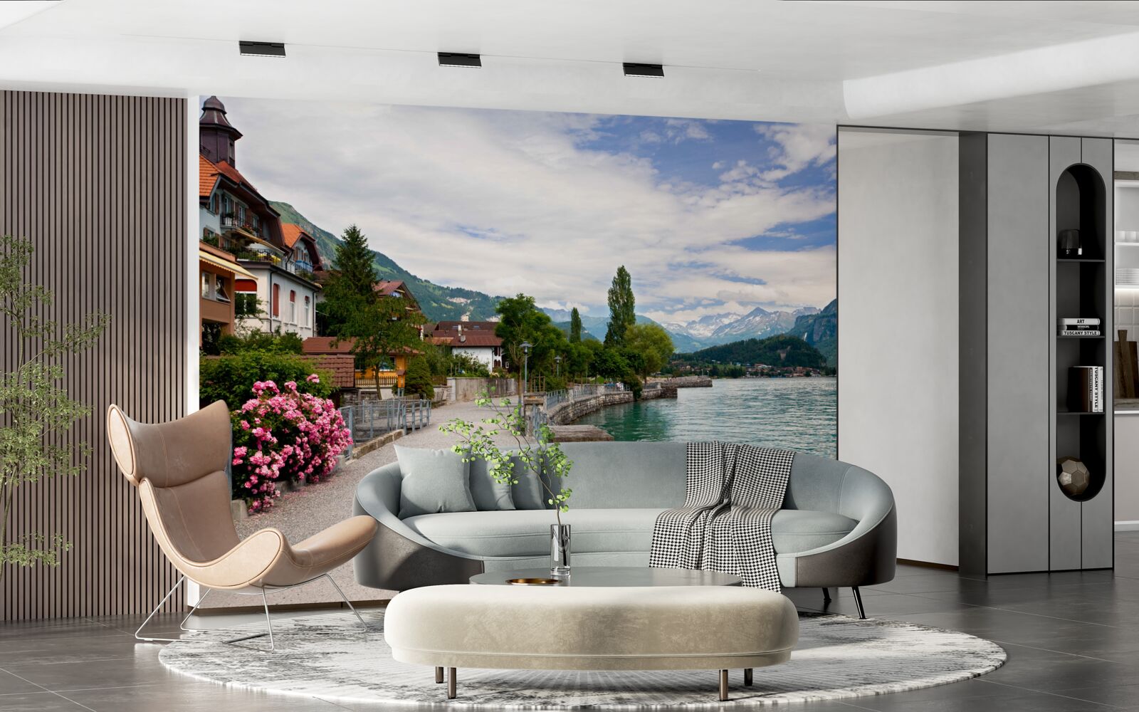 Fototapet așezare în munți, în apropierea rezervorului