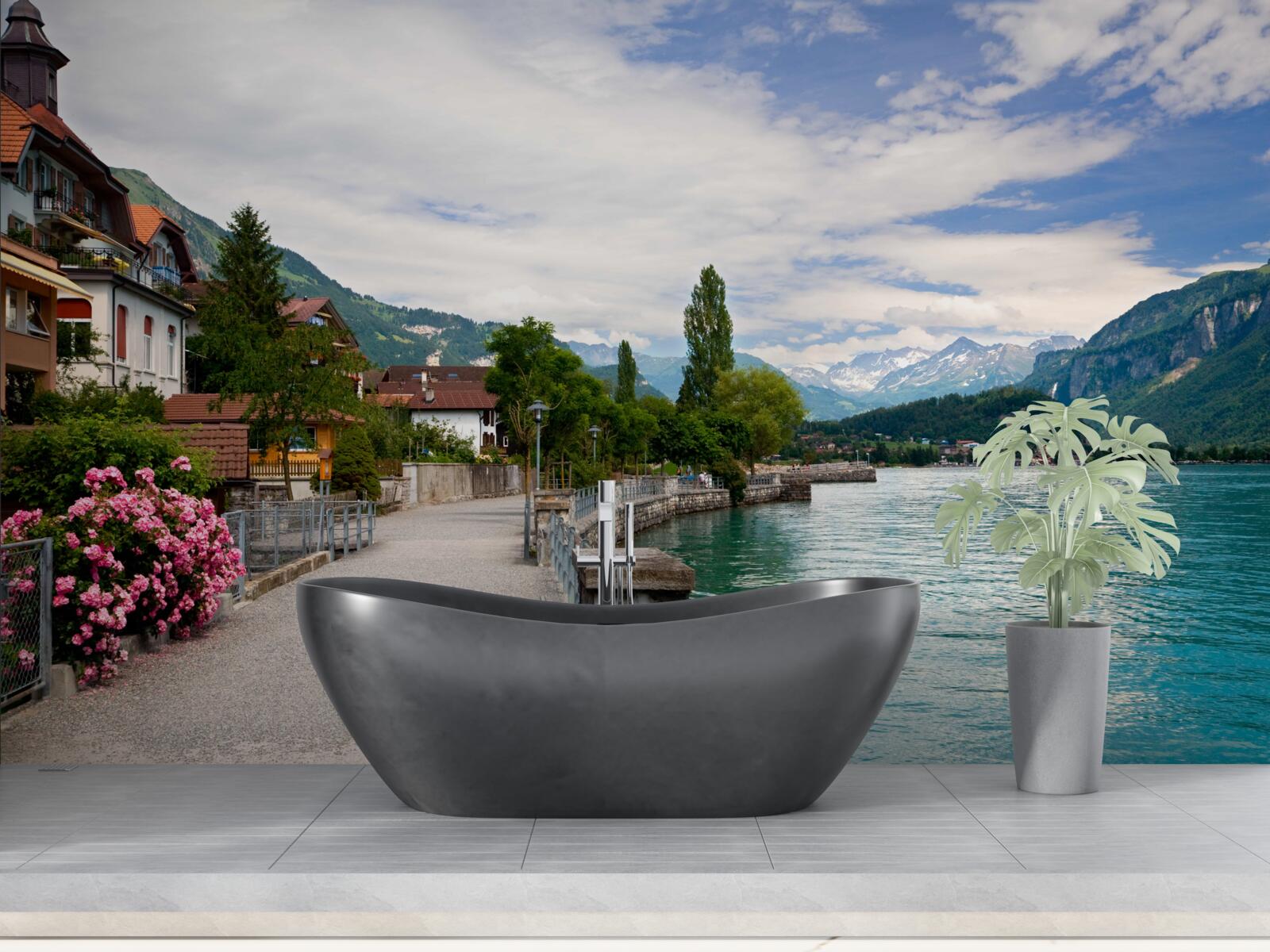 Fototapet așezare în munți, în apropierea rezervorului