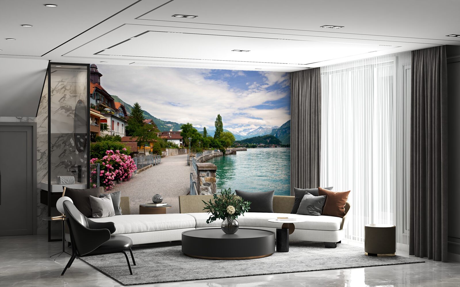 Fototapet așezare în munți, în apropierea rezervorului