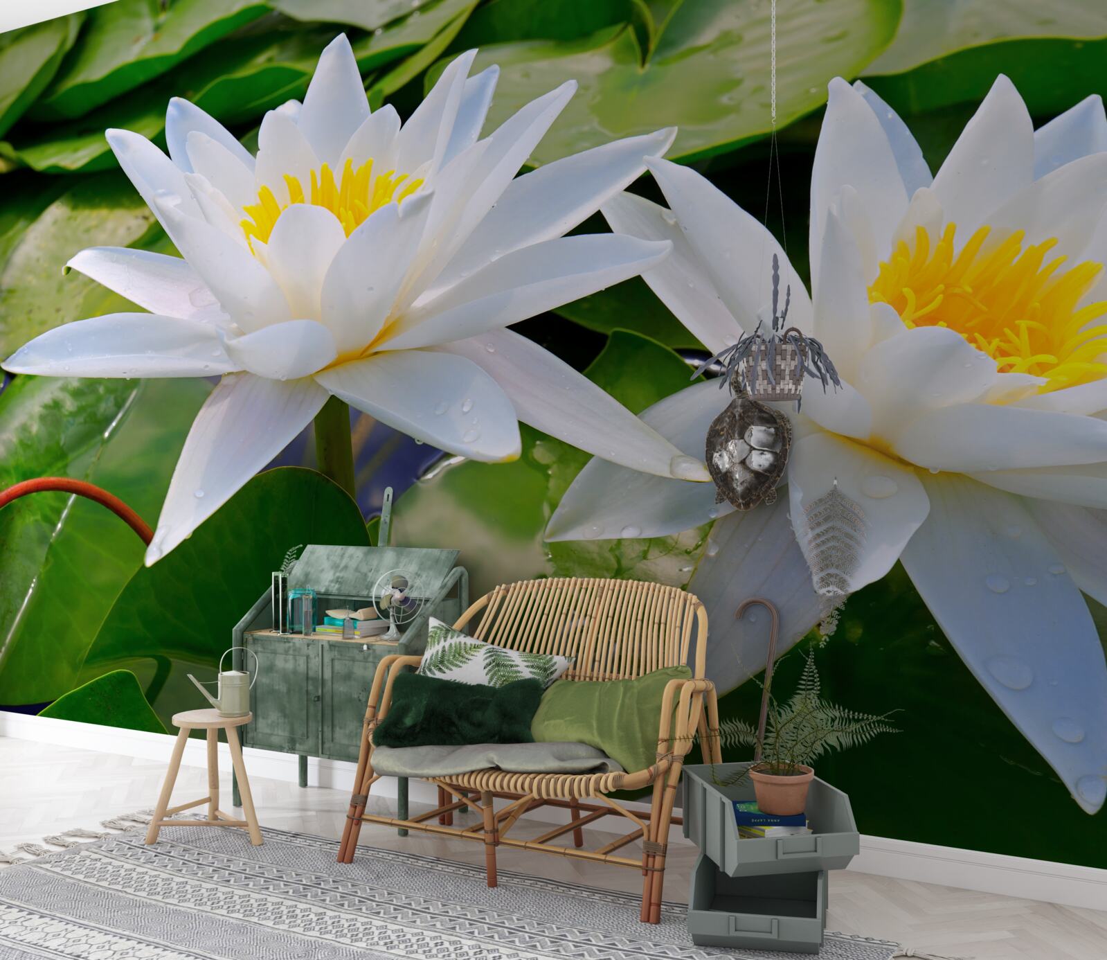 Fototapet nuferi albi printre frunze verzi