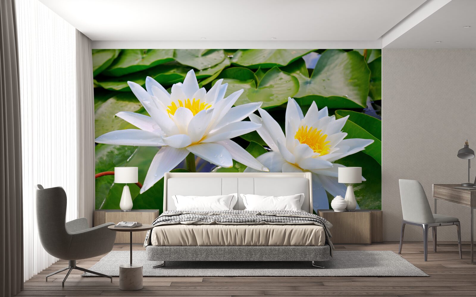 Fototapet nuferi albi printre frunze verzi