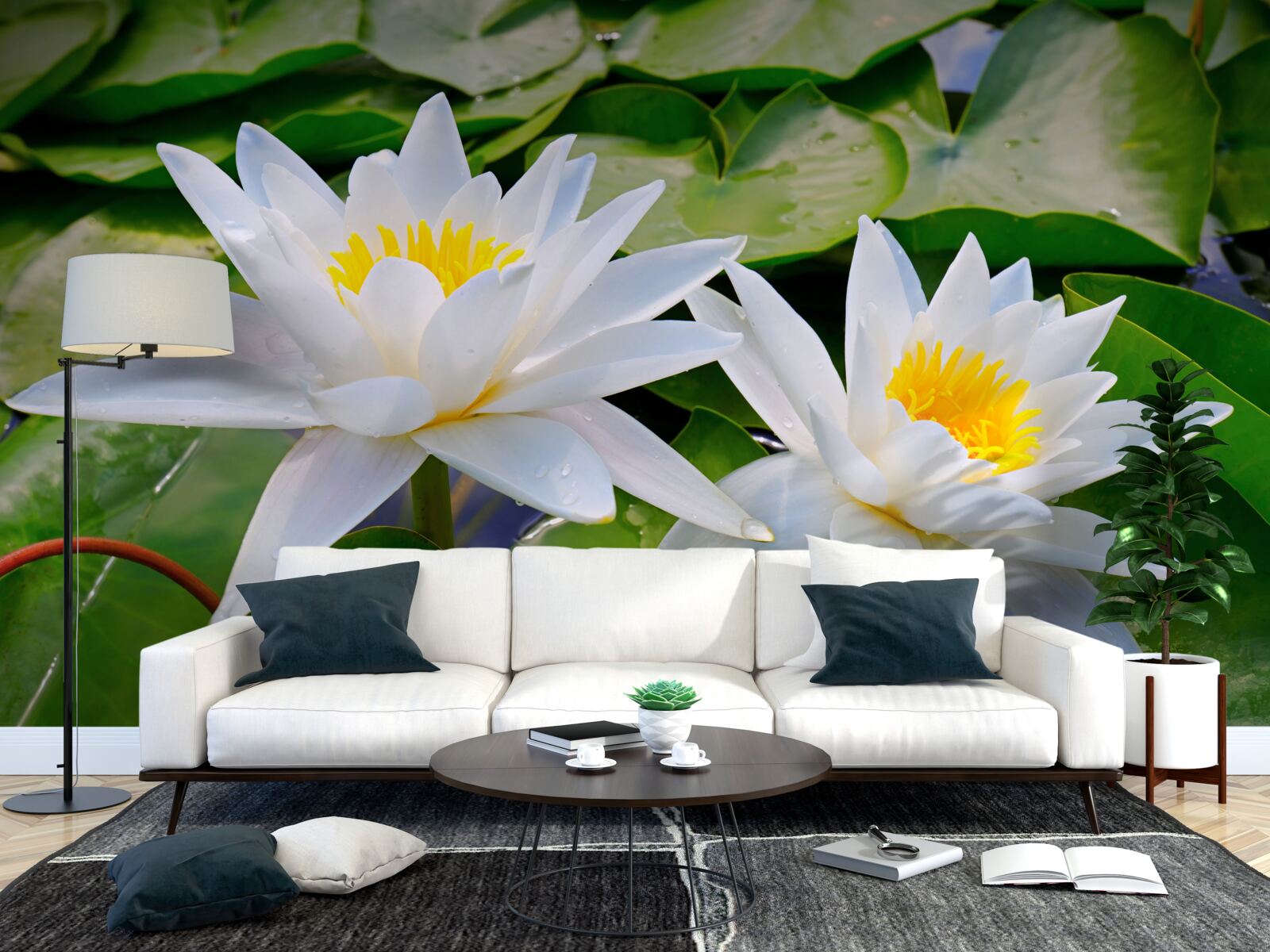 Fototapet nuferi albi printre frunze verzi