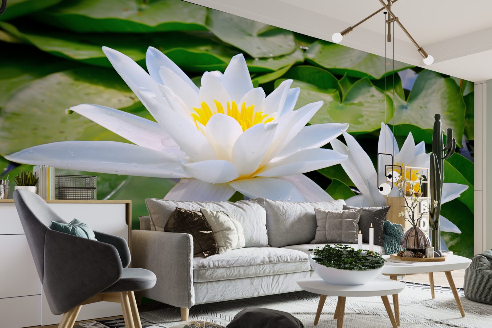 Fototapet nuferi albi printre frunze verzi