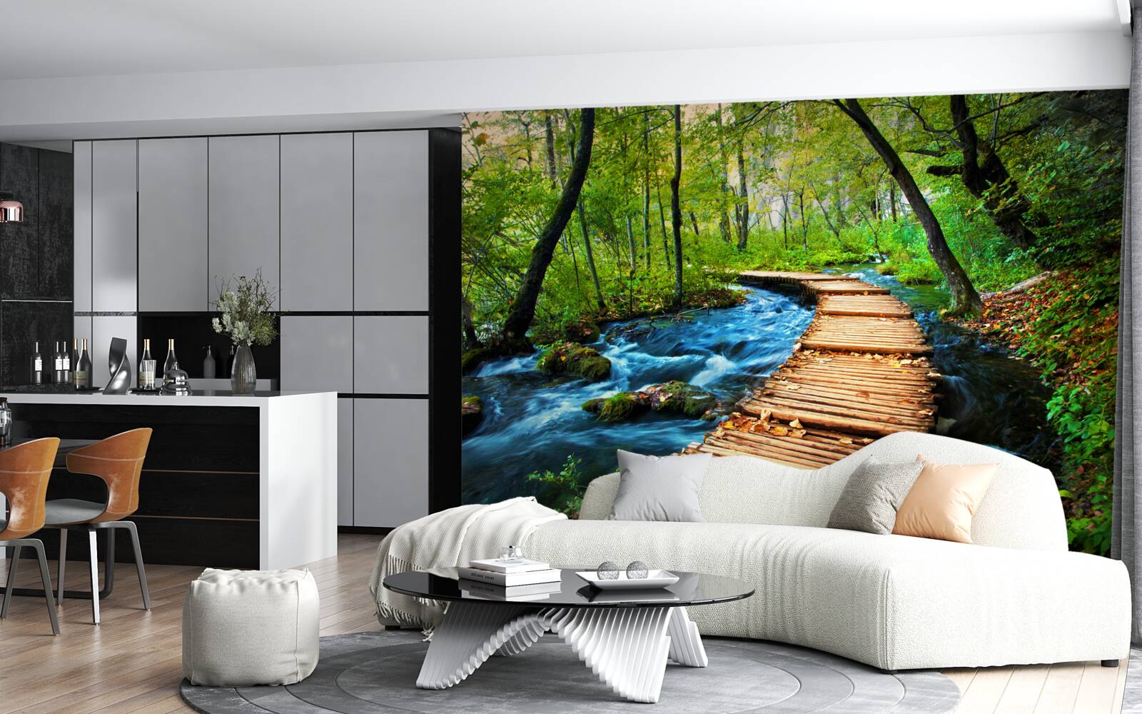 Fototapet un pod de lemn care traversează o pădure deasă