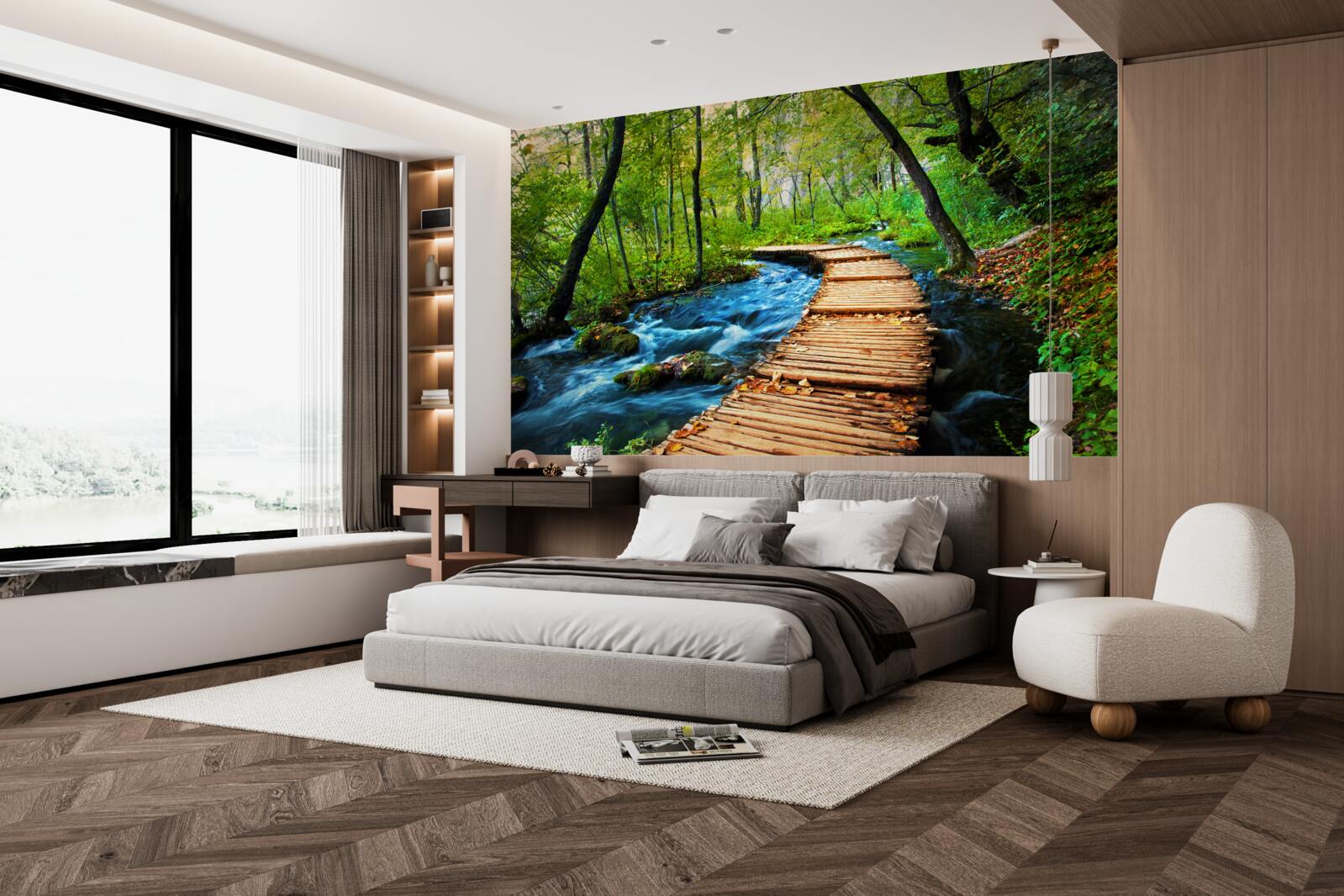 Fototapet un pod de lemn care traversează o pădure deasă