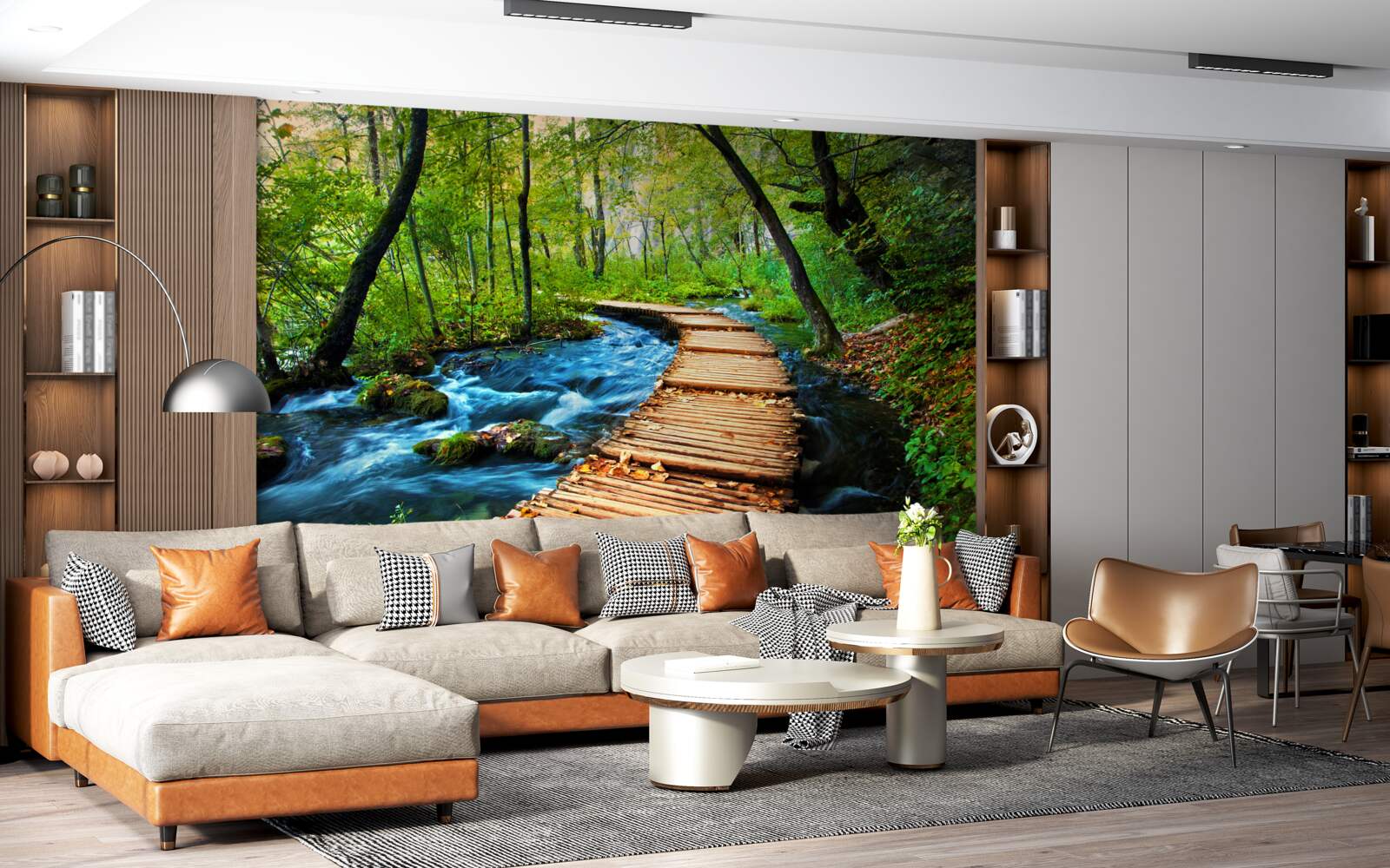 Fototapet un pod de lemn care traversează o pădure deasă