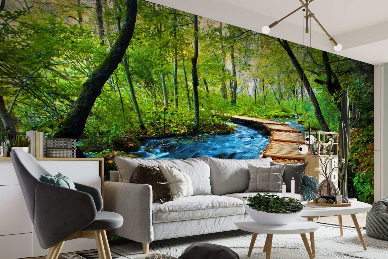 Fototapet un pod de lemn care traversează o pădure deasă