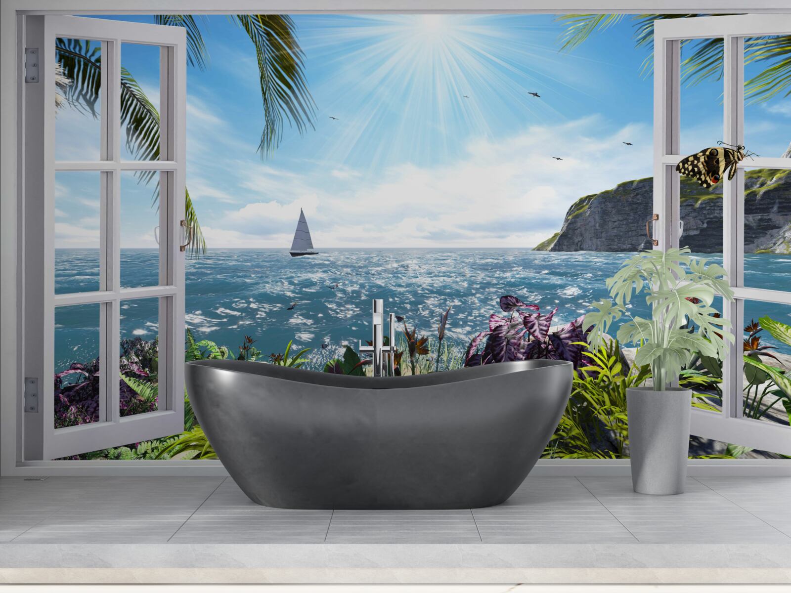 Fototapet o priveliște magnifică a oceanului de la fereastră