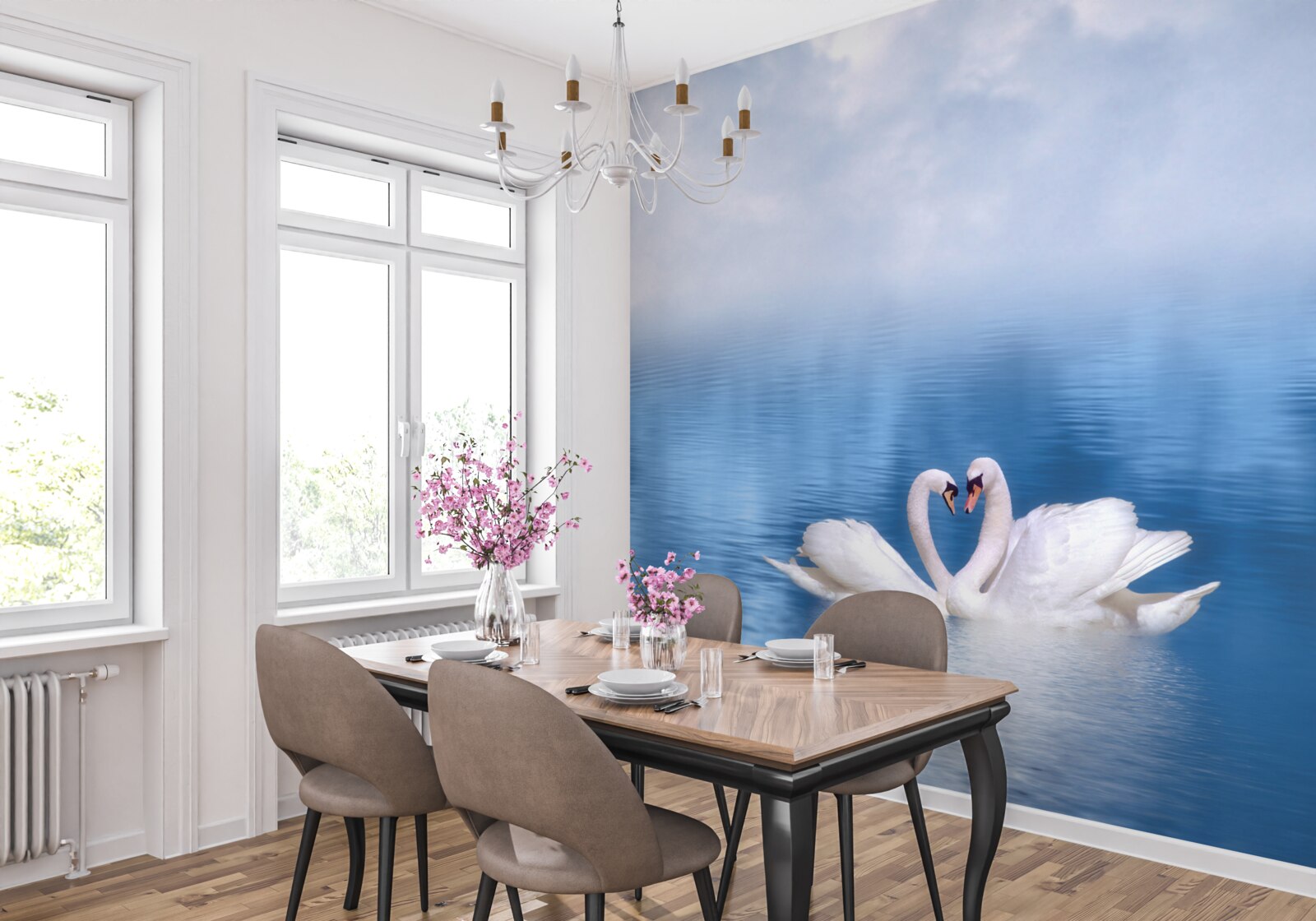 Fototapet două lebede pe o suprafață calmă