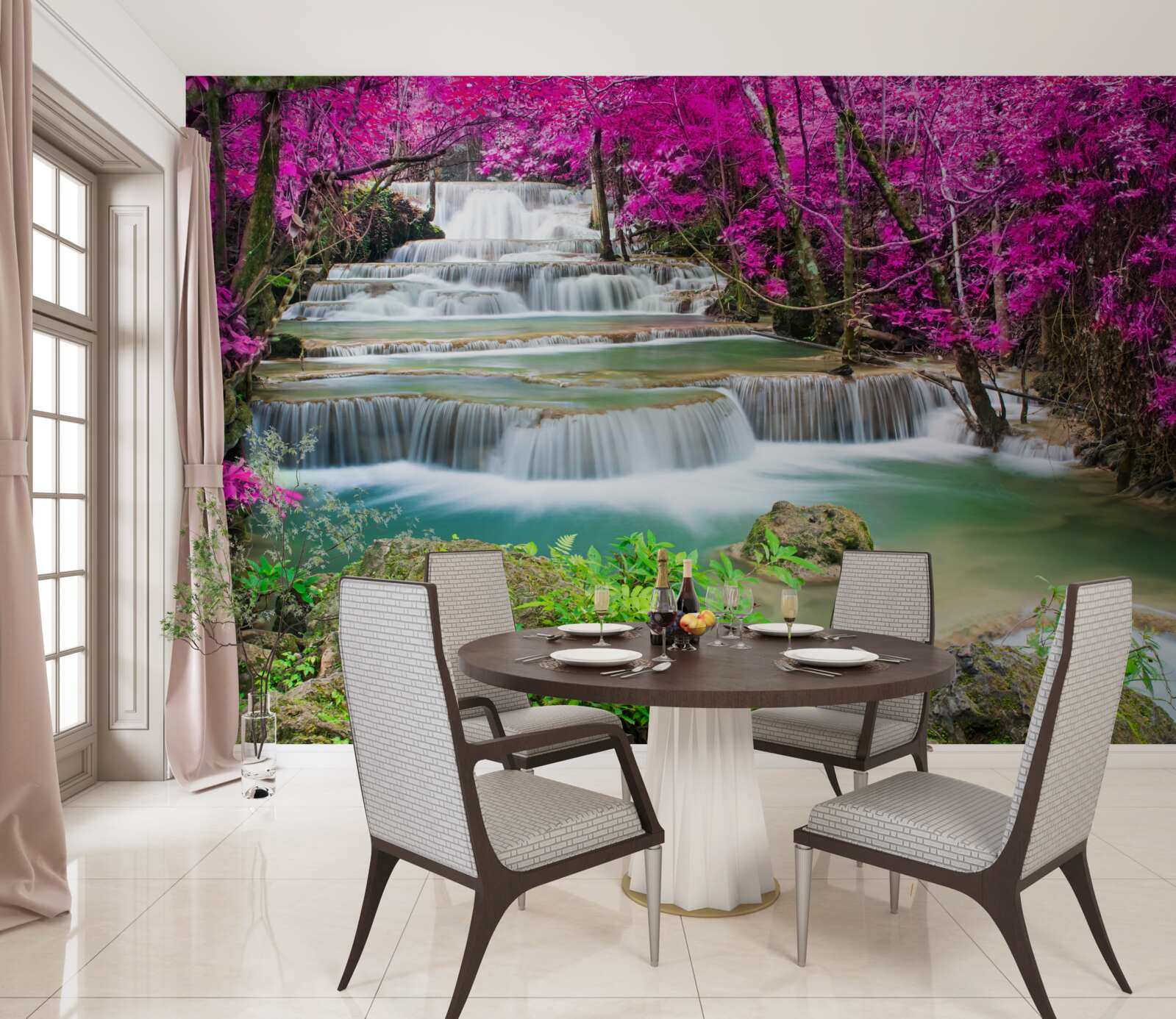 Fototapet copaci înfloriți lângă o cascadă în trepte