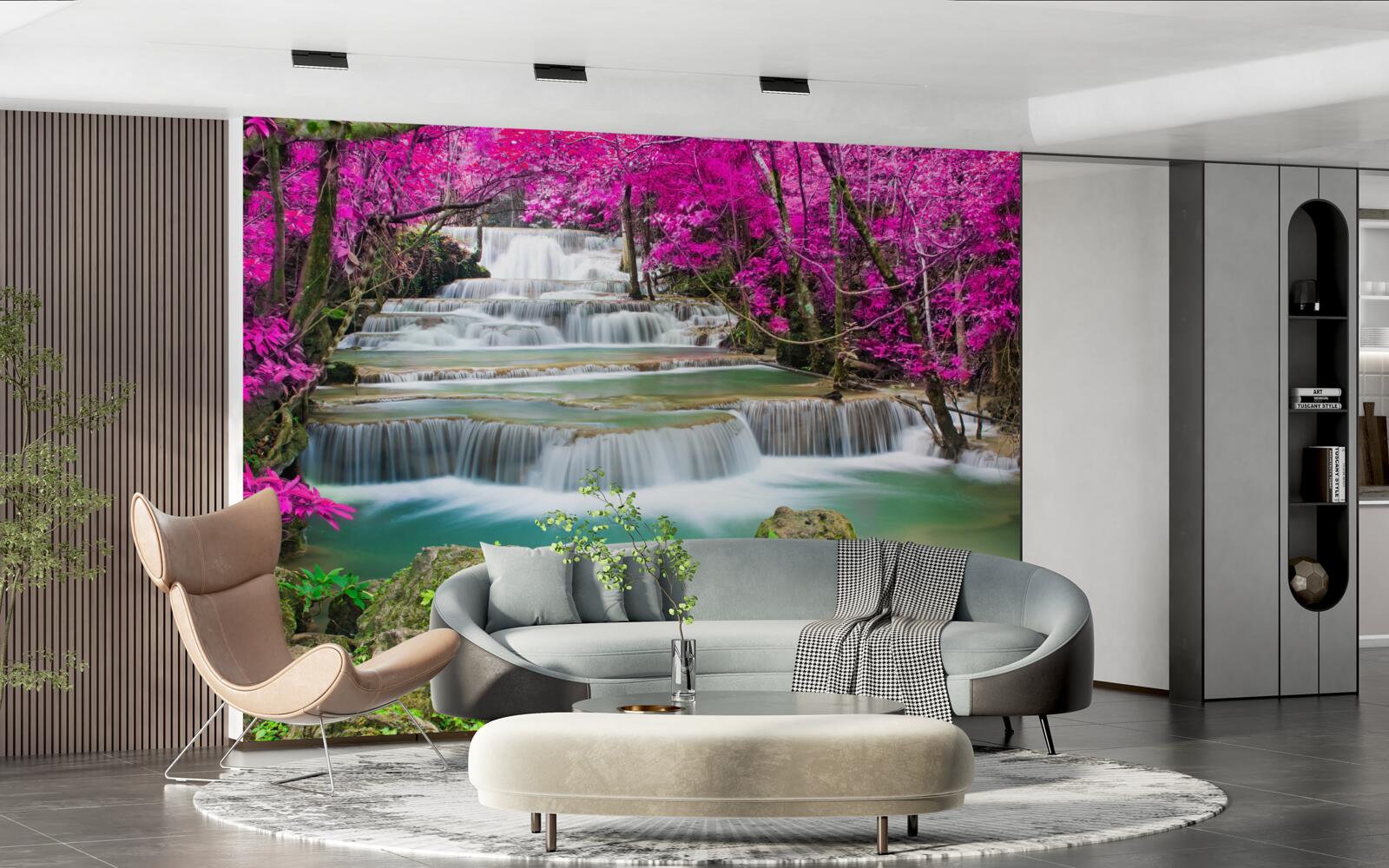 Fototapet copaci înfloriți lângă o cascadă în trepte