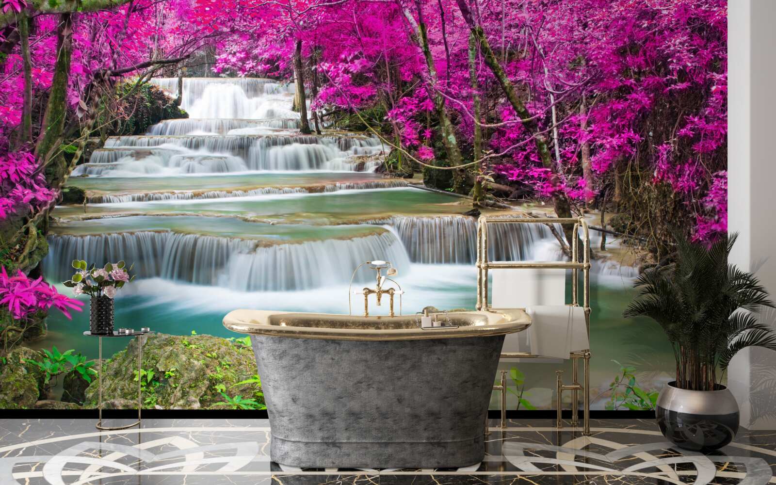 Fototapet copaci înfloriți lângă o cascadă în trepte