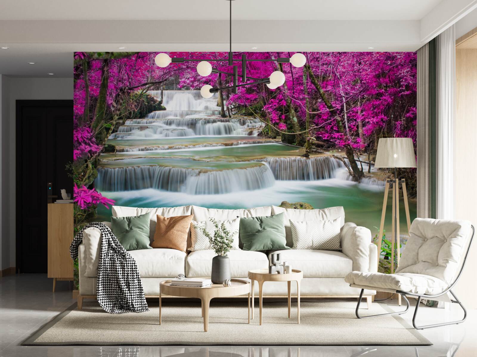 Fototapet copaci înfloriți lângă o cascadă în trepte