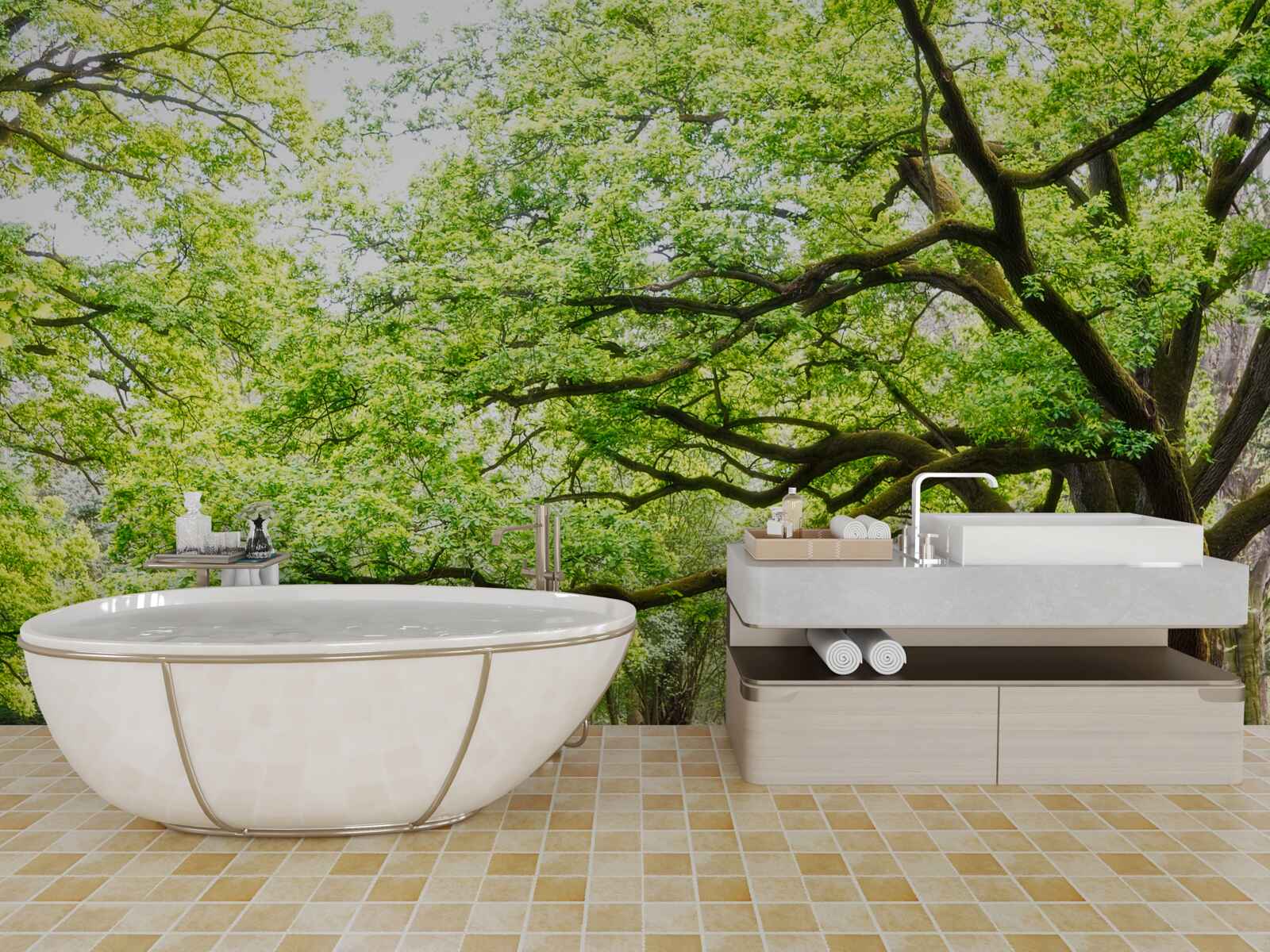 Fototapet copac bătrân cu frunze verzi într-o zi de vară