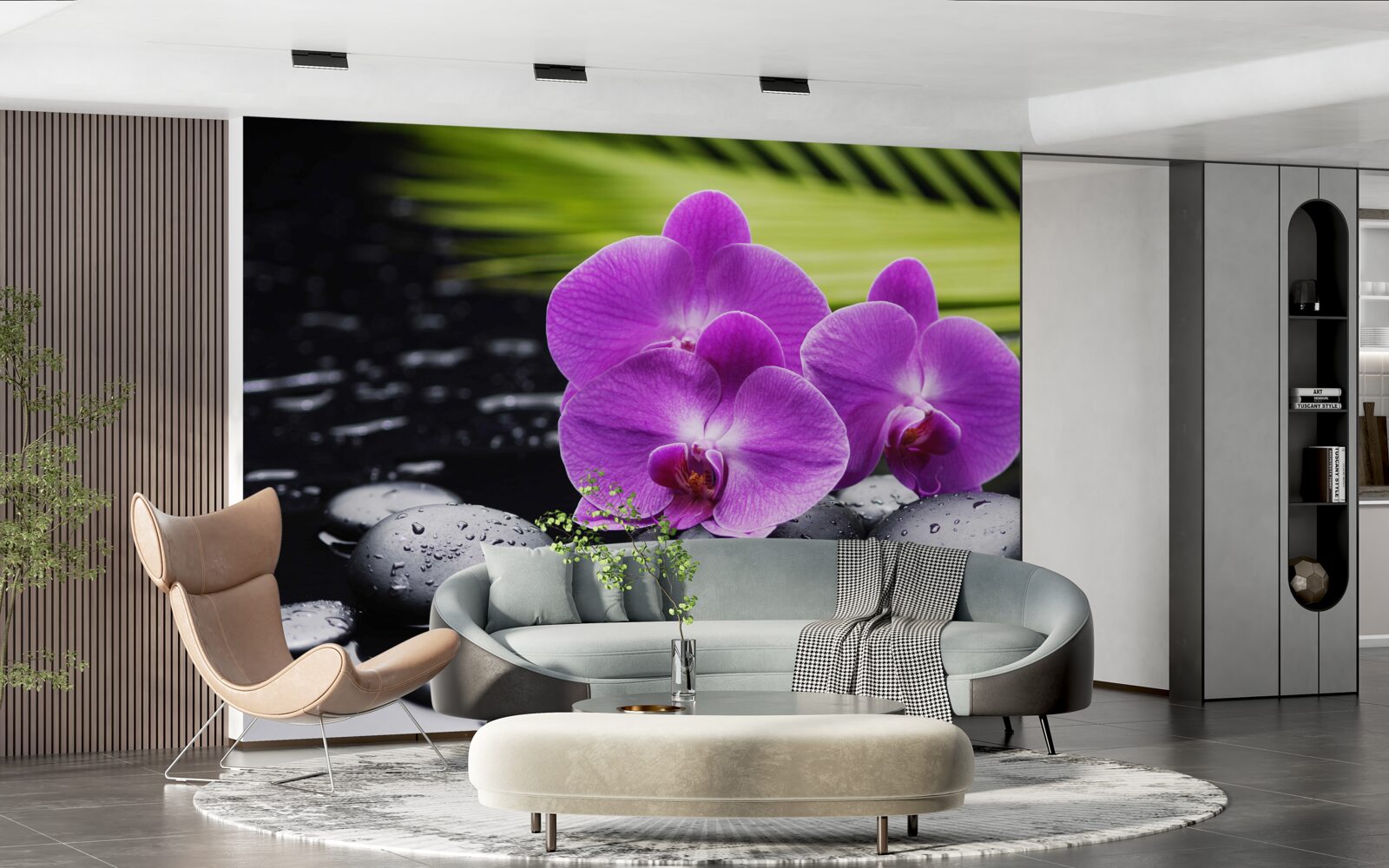 Fototapet orhidee purpurie pe o piatră neagră lângă apă