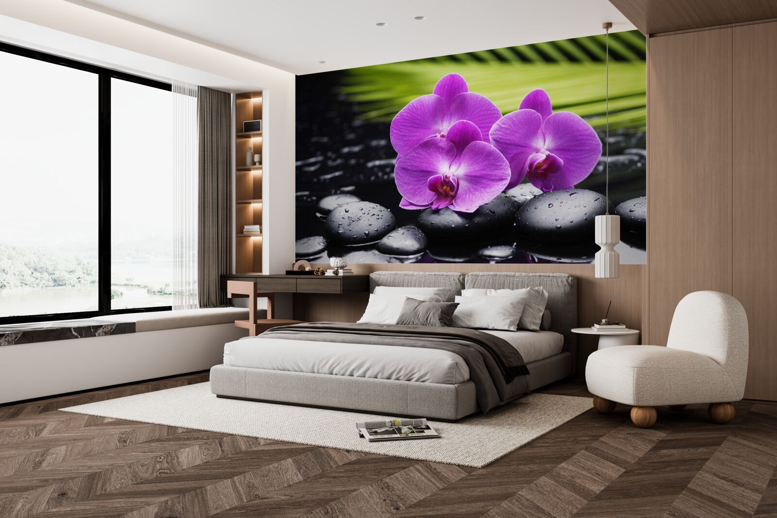 Fototapet orhidee purpurie pe o piatră neagră lângă apă