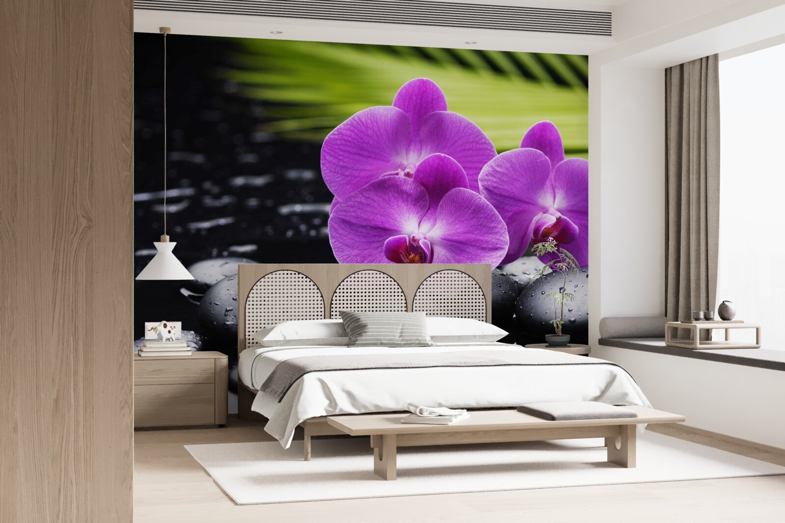 Fototapet orhidee purpurie pe o piatră neagră lângă apă