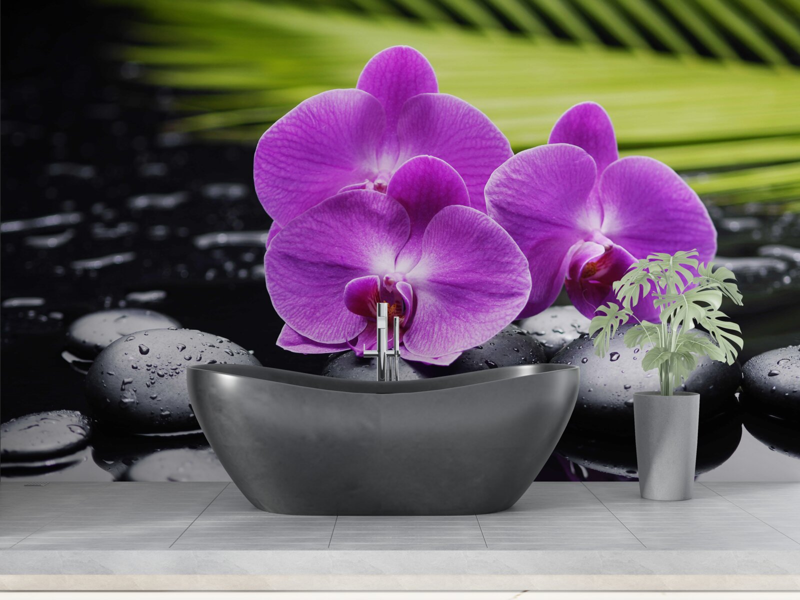 Fototapet orhidee purpurie pe o piatră neagră lângă apă