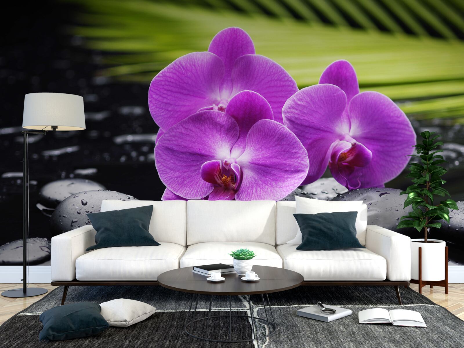 Fototapet orhidee purpurie pe o piatră neagră lângă apă