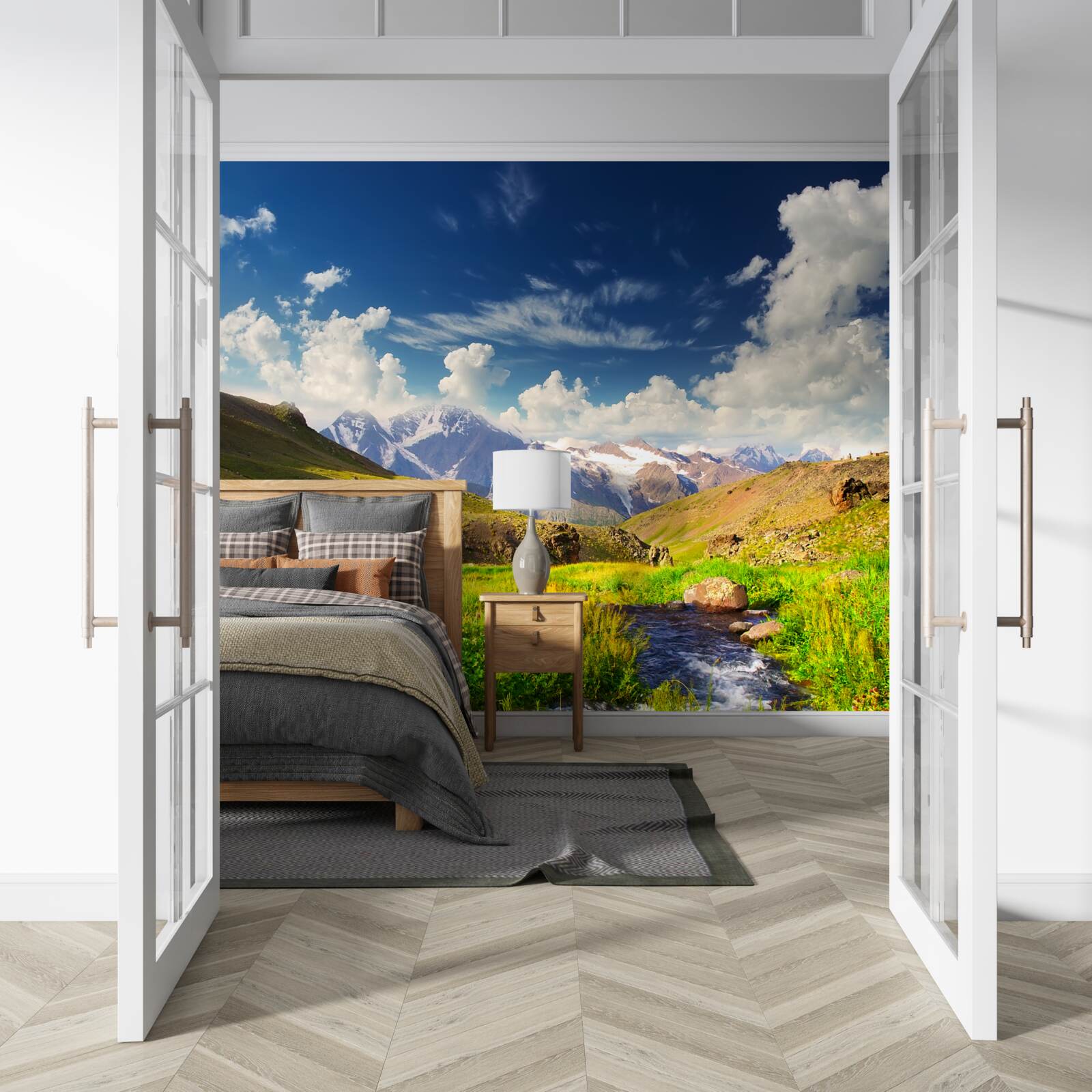 Fototapet un râu de munte care curge printre pajiști